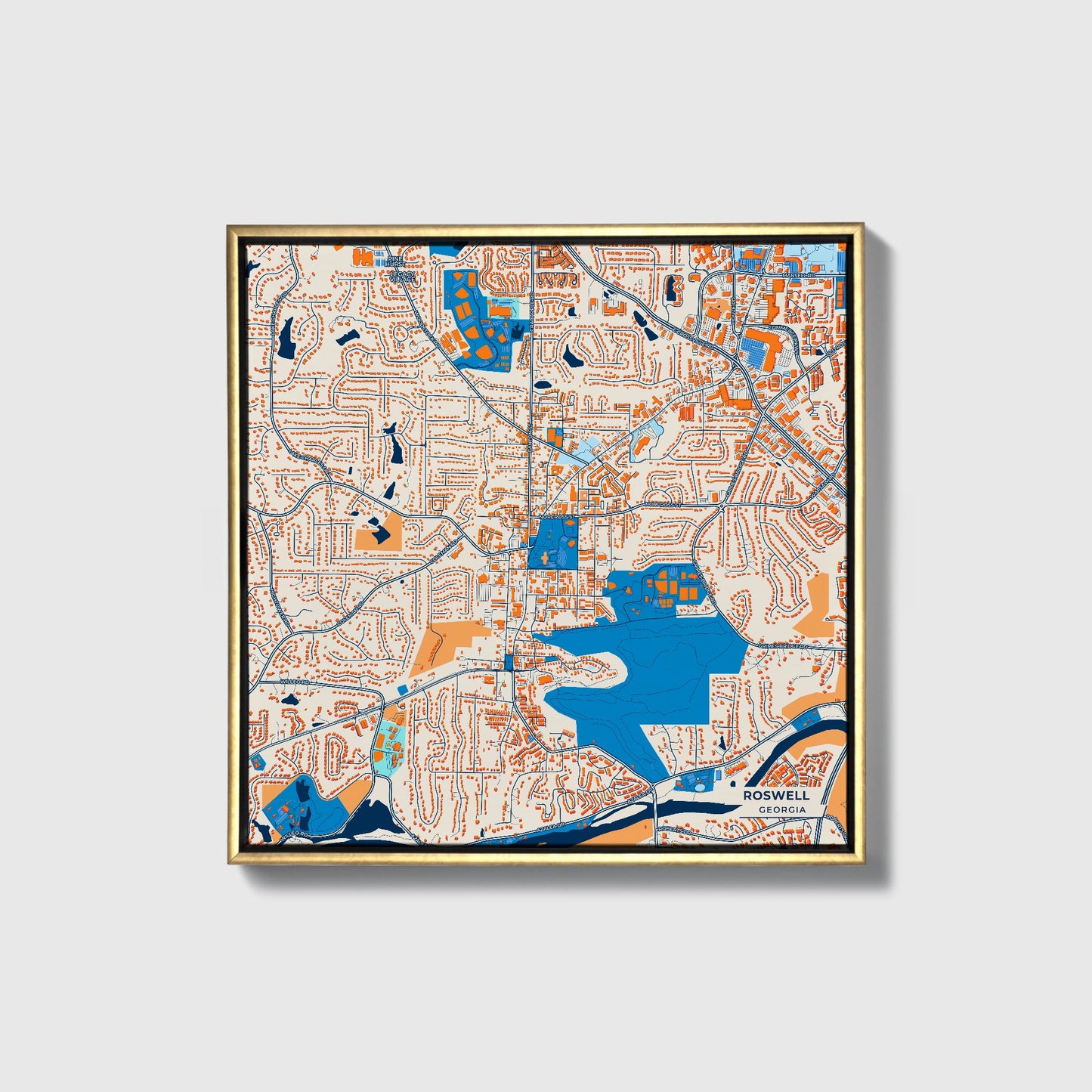 Roswell Georgia Colorful City Map Canvas Print • Gold Framed