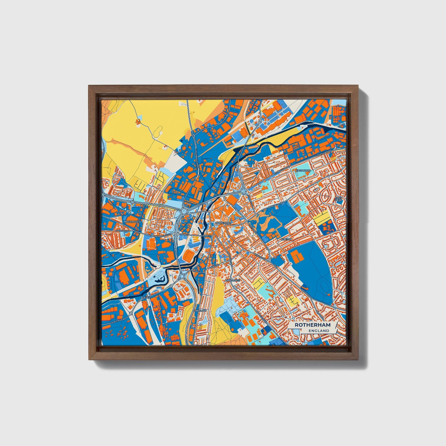 Rotherham England Colorful City Map Canvas Print • Dark Wooden Framed