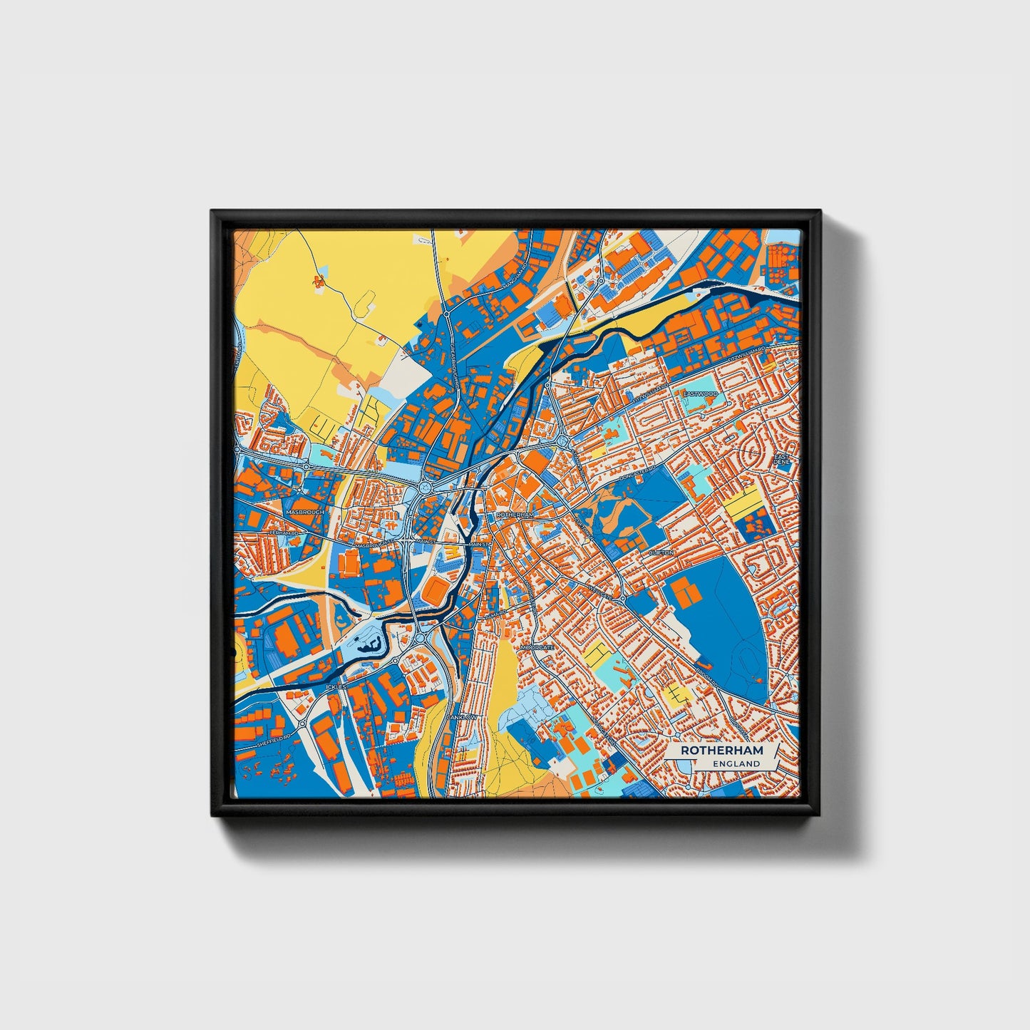 Rotherham England Colorful City Map Canvas Print • Black Framed