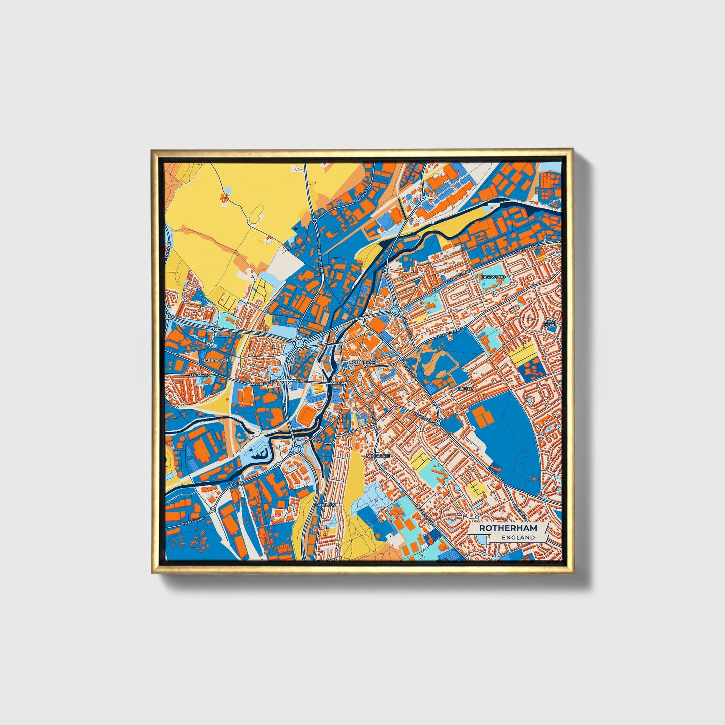 Rotherham England Colorful City Map Canvas Print • Gold Framed