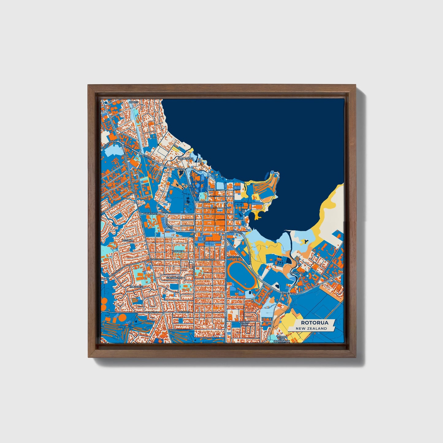 Rotorua New Zealand Colorful City Map Canvas Print • Dark Wooden Framed