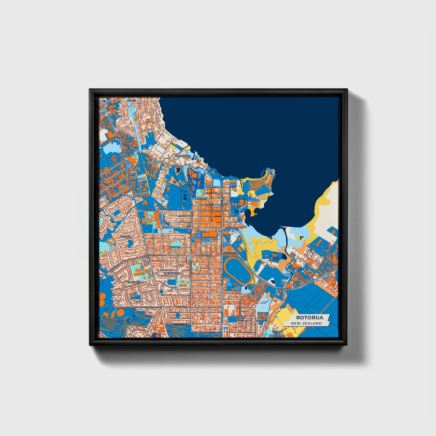 Rotorua New Zealand Colorful City Map Canvas Print • Black Framed