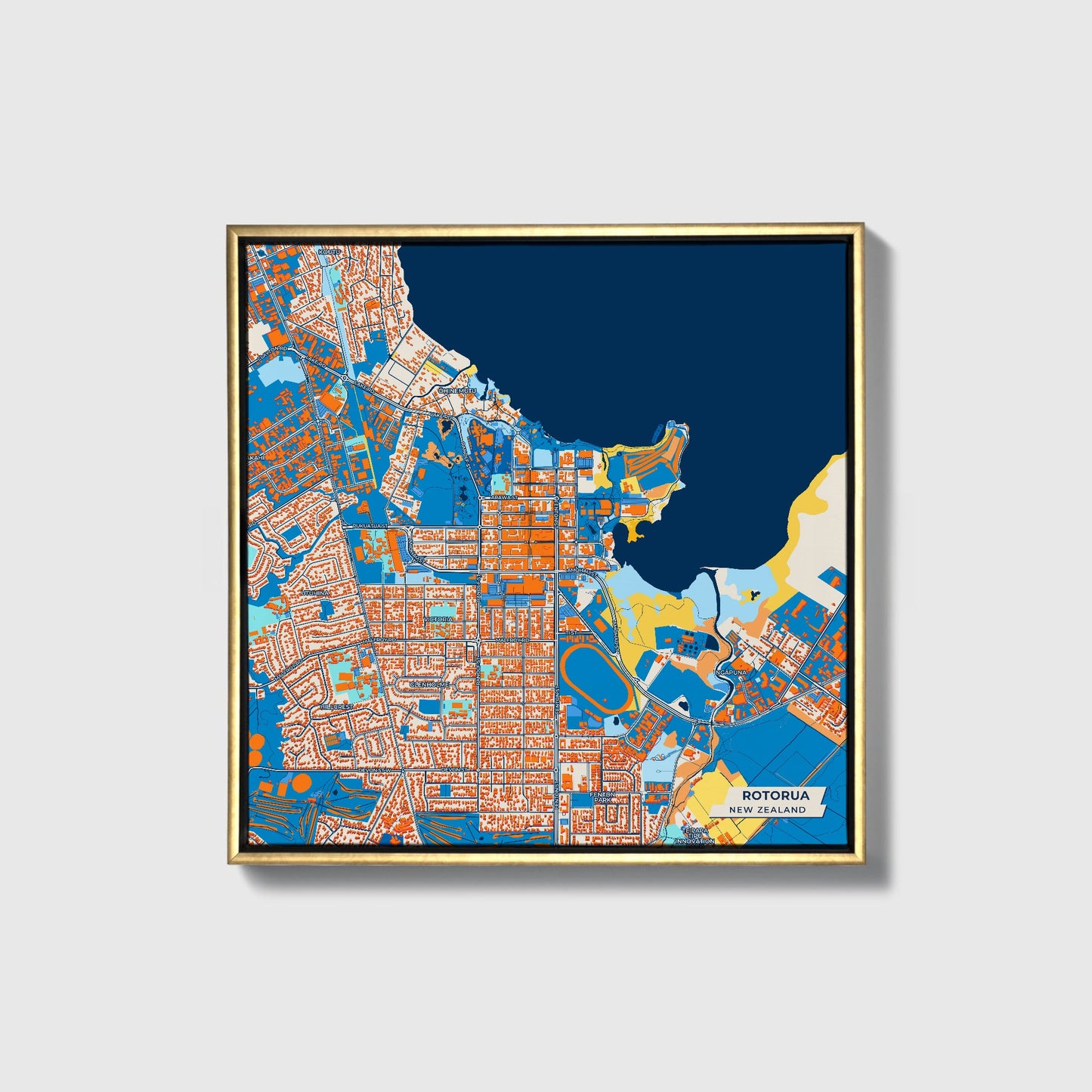 Rotorua New Zealand Colorful City Map Canvas Print • Gold Framed