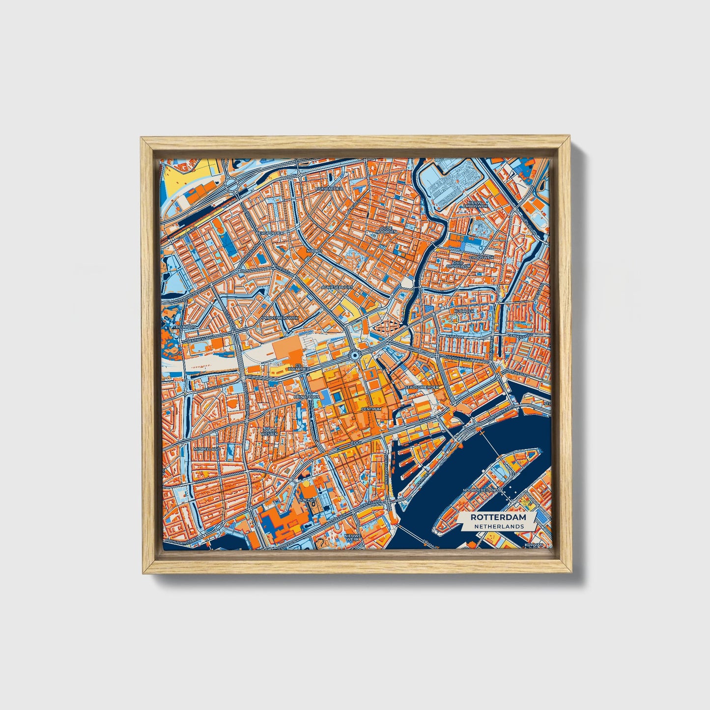 Rotterdam Netherlands Colorful City Map Canvas Print • Natural Wooden Framed