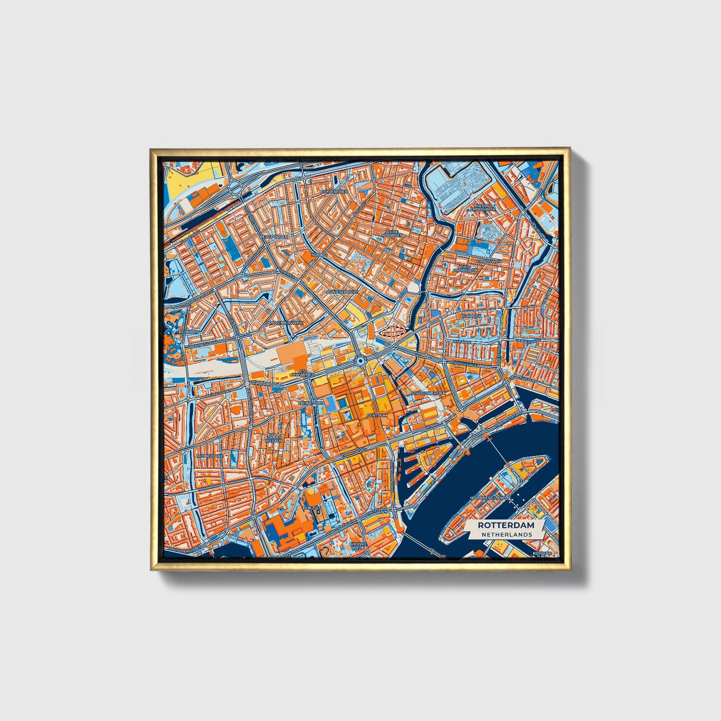 Rotterdam Netherlands Colorful City Map Canvas Print • Gold Framed