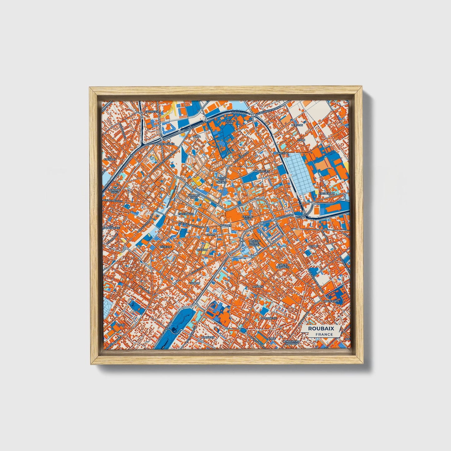 Roubaix France Colorful City Map Canvas Print • Natural Wooden Framed