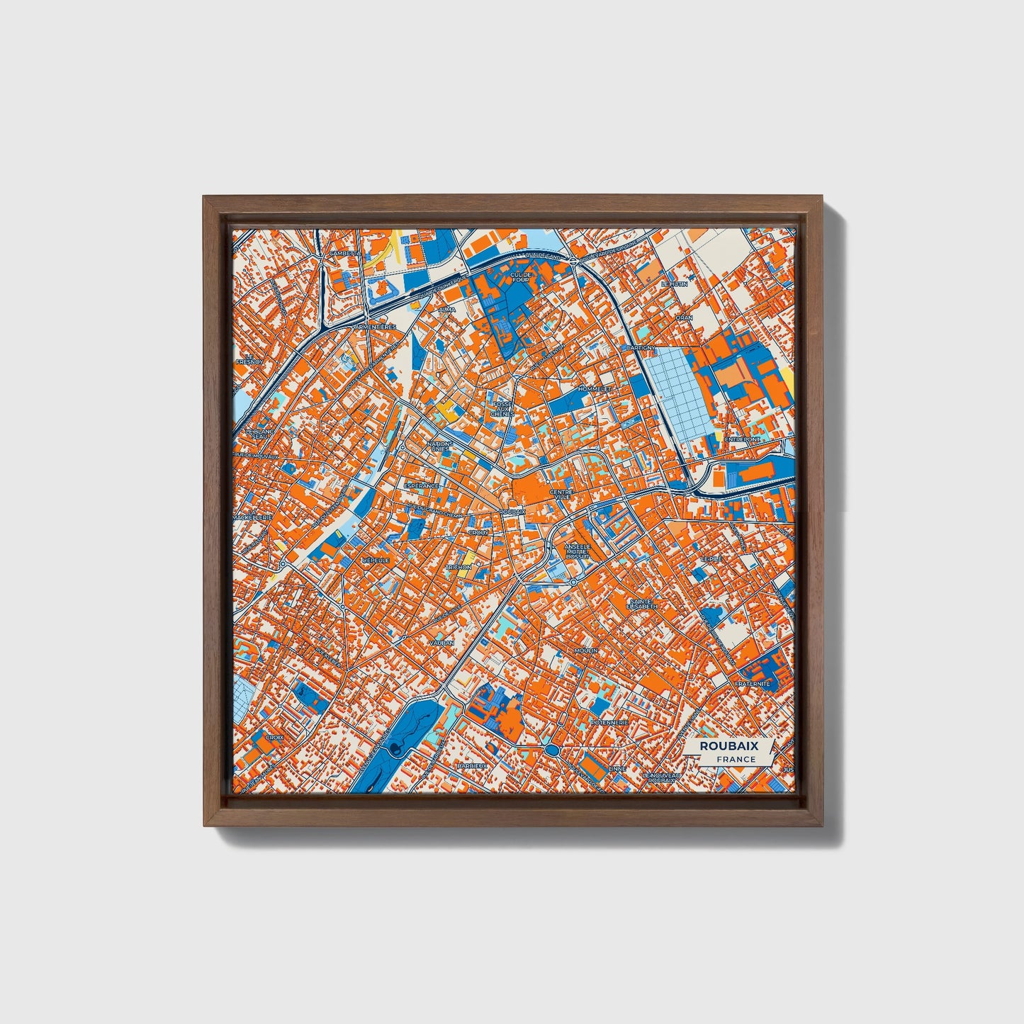 Roubaix France Colorful City Map Canvas Print • Dark Wooden Framed