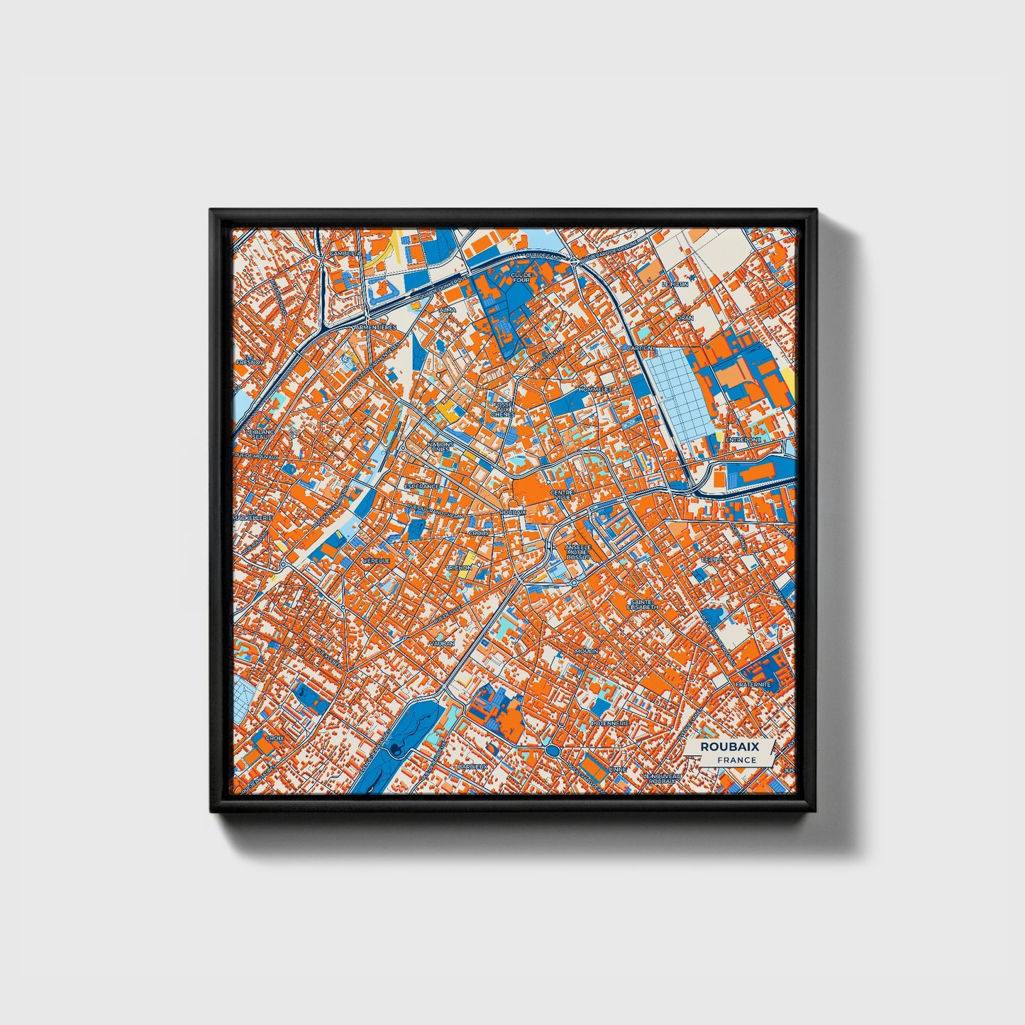 Roubaix France Colorful City Map Canvas Print • Black Framed