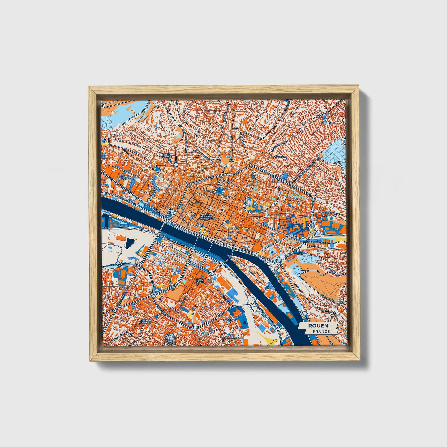 Rouen France Colorful City Map Canvas Print • Natural Wooden Framed