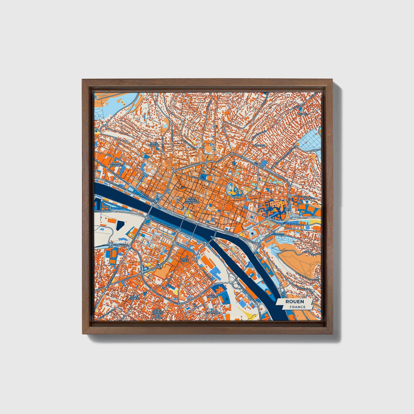 Rouen France Colorful City Map Canvas Print • Dark Wooden Framed
