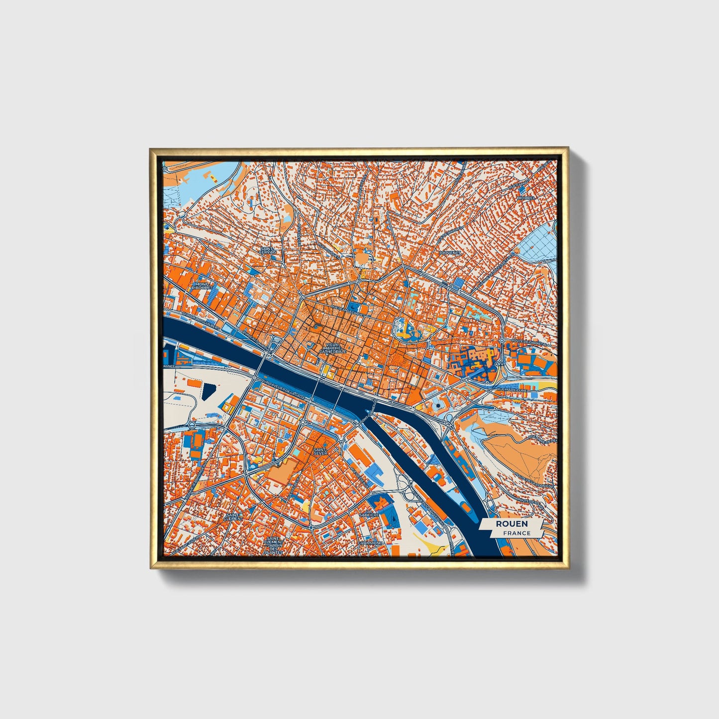 Rouen France Colorful City Map Canvas Print • Gold Framed