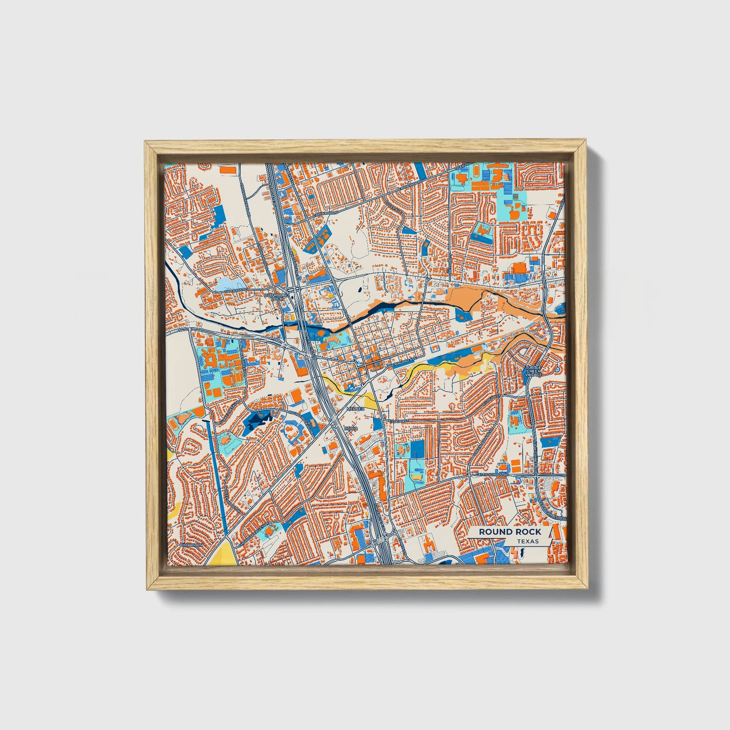 Round Rock Texas Colorful City Map Canvas Print • Natural Wooden Framed