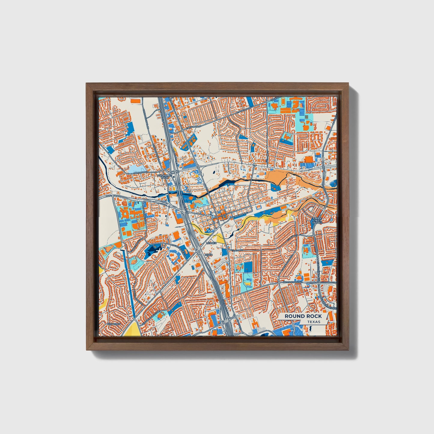 Round Rock Texas Colorful City Map Canvas Print • Dark Wooden Framed