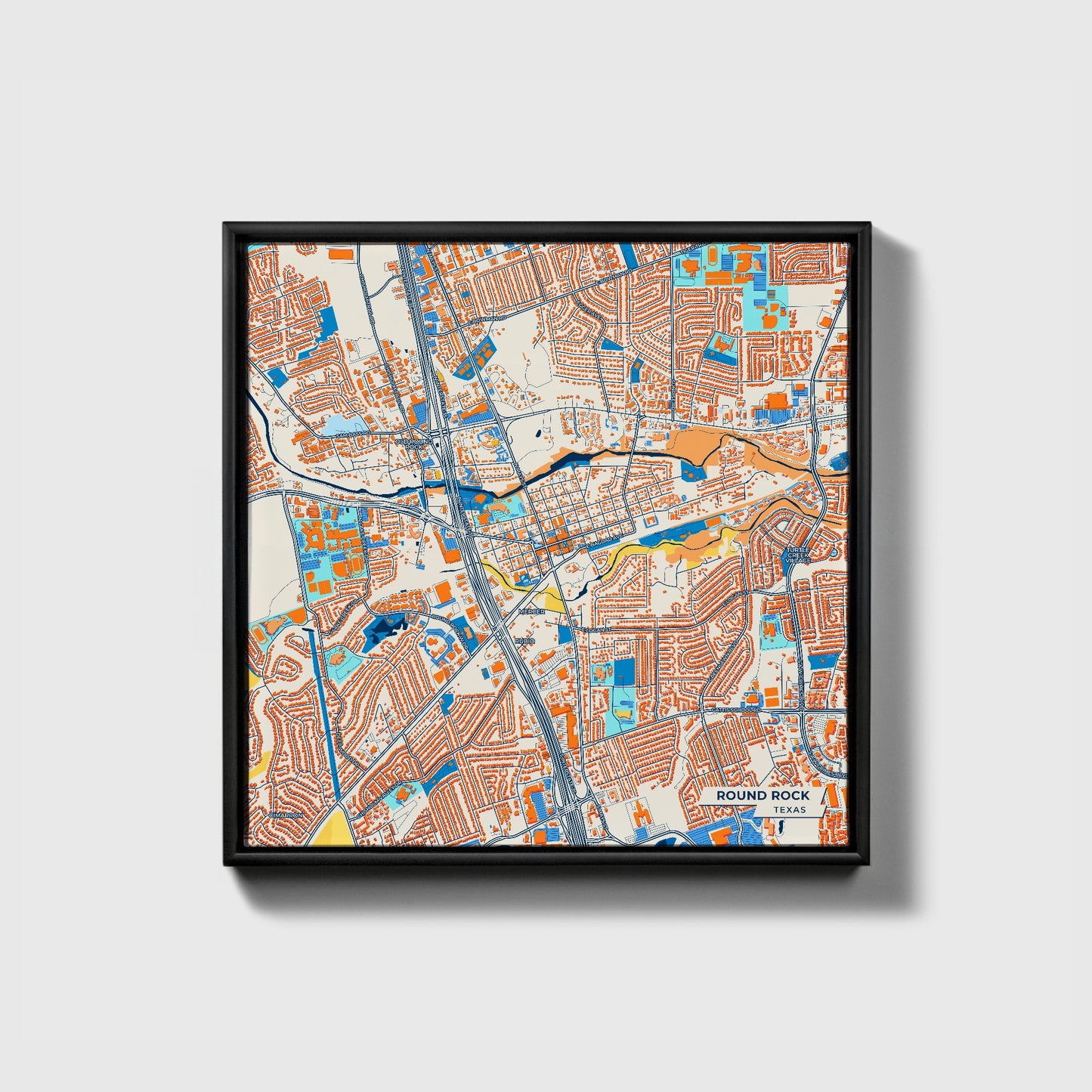 Round Rock Texas Colorful City Map Canvas Print • Black Framed