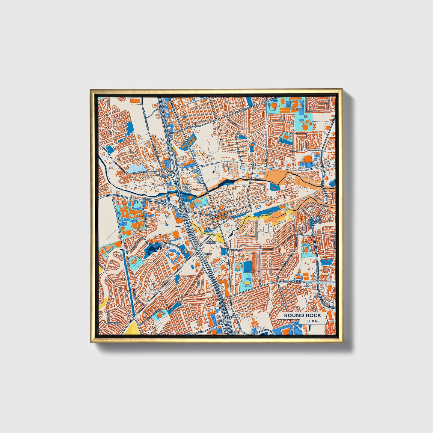 Round Rock Texas Colorful City Map Canvas Print • Gold Framed