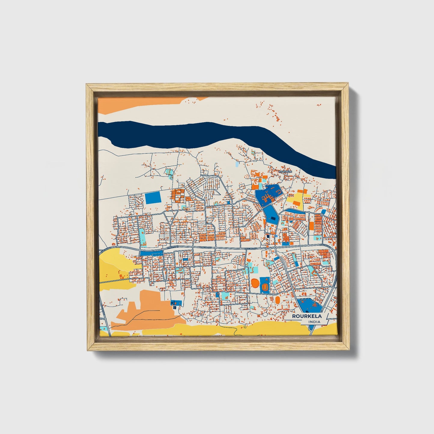Rourkela India Colorful City Map Canvas Print • Natural Wooden Framed