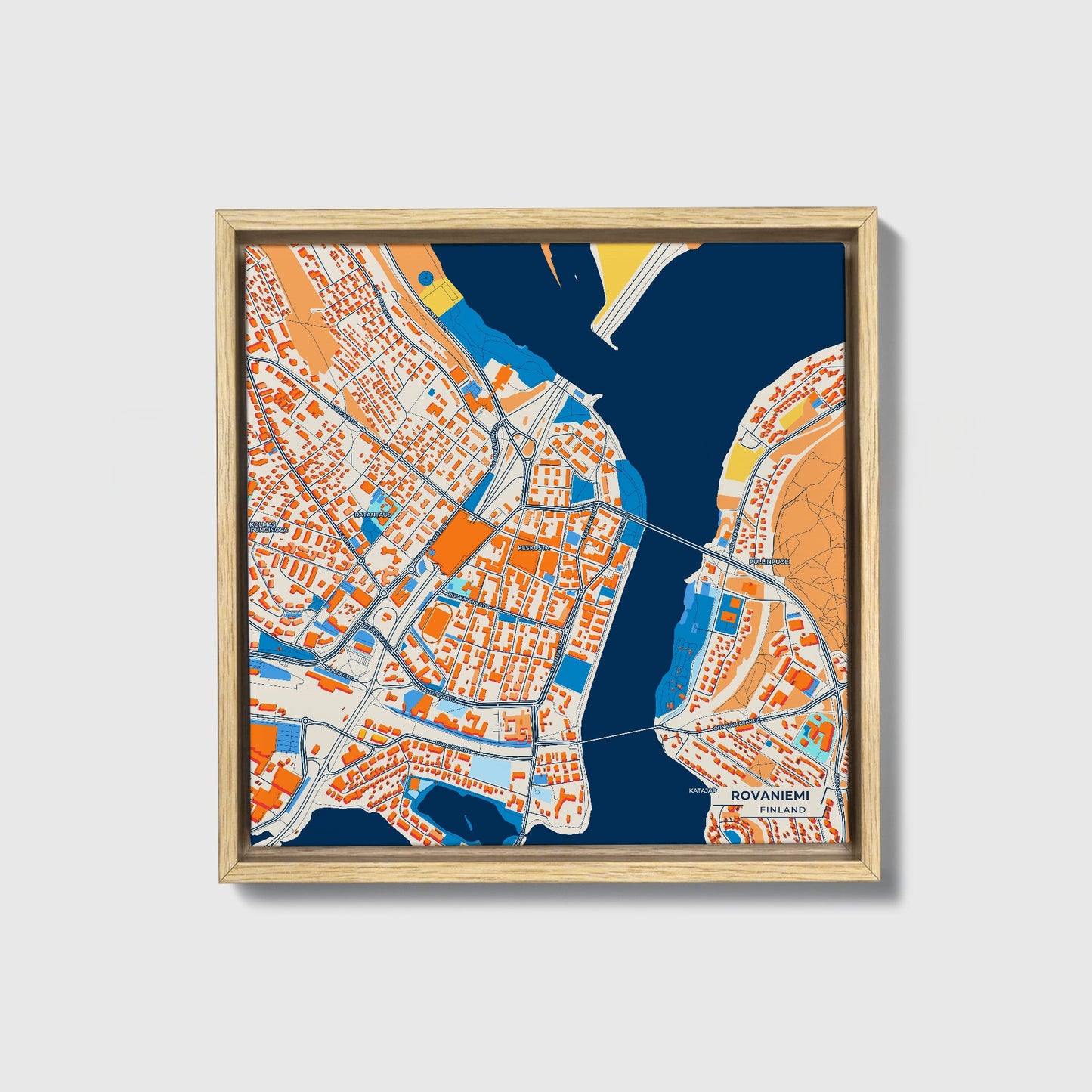 Rovaniemi Finland Colorful City Map Canvas Print • Natural Wooden Framed