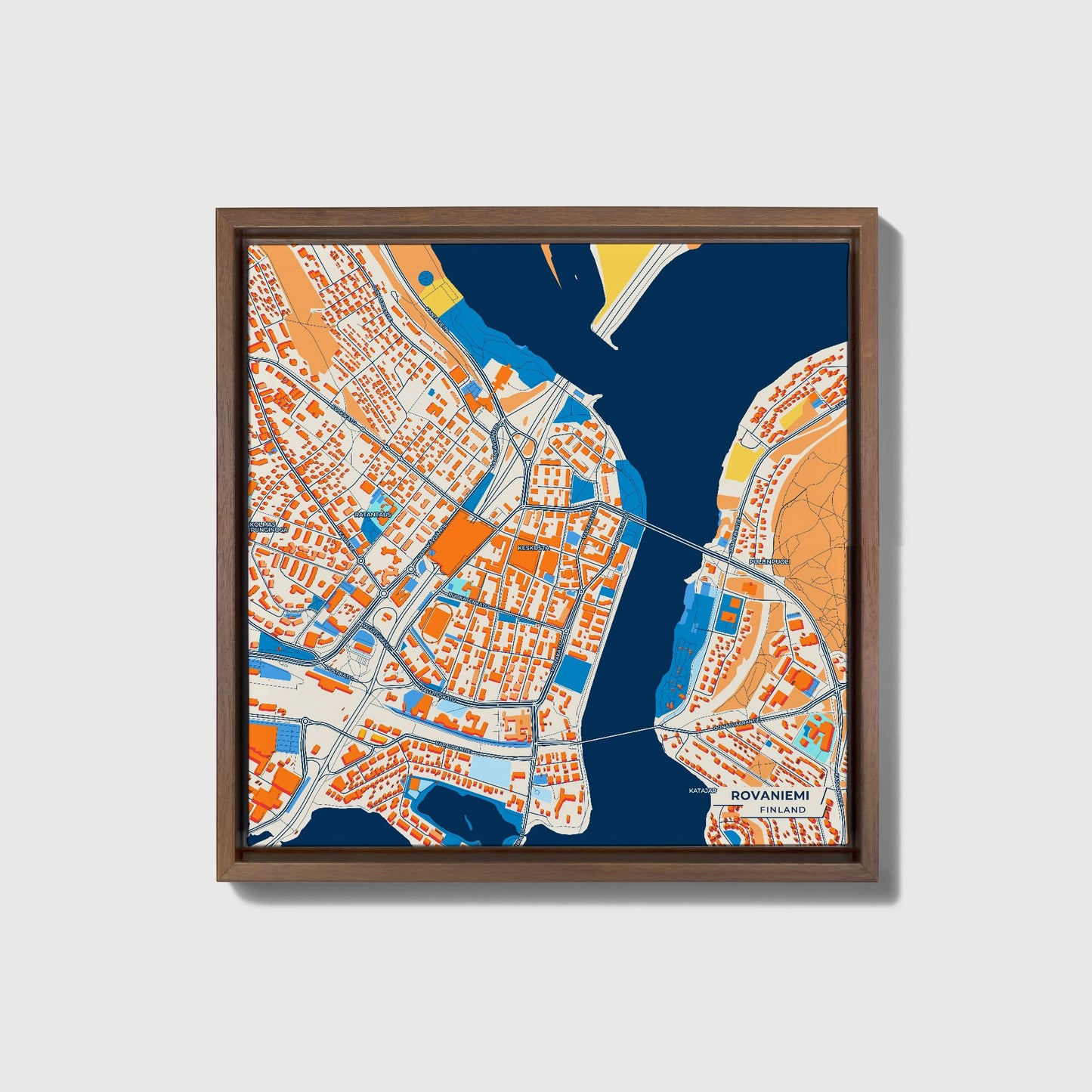 Rovaniemi Finland Colorful City Map Canvas Print • Dark Wooden Framed