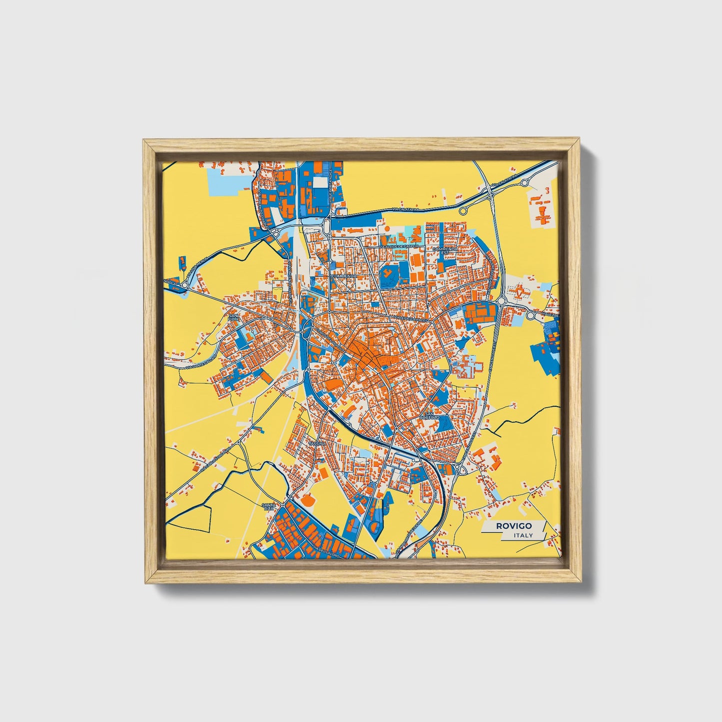 Rovigo Italy Colorful City Map Canvas Print • Natural Wooden Framed