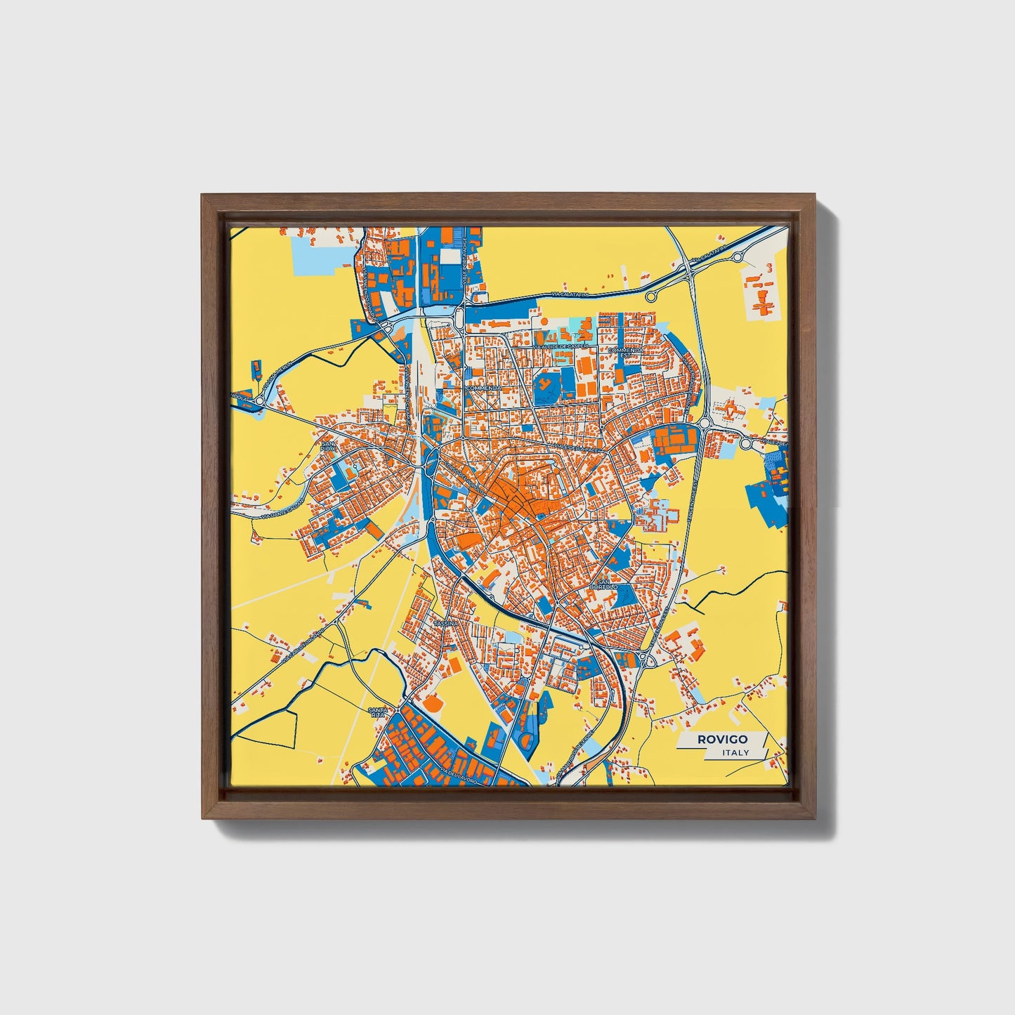 Rovigo Italy Colorful City Map Canvas Print • Dark Wooden Framed