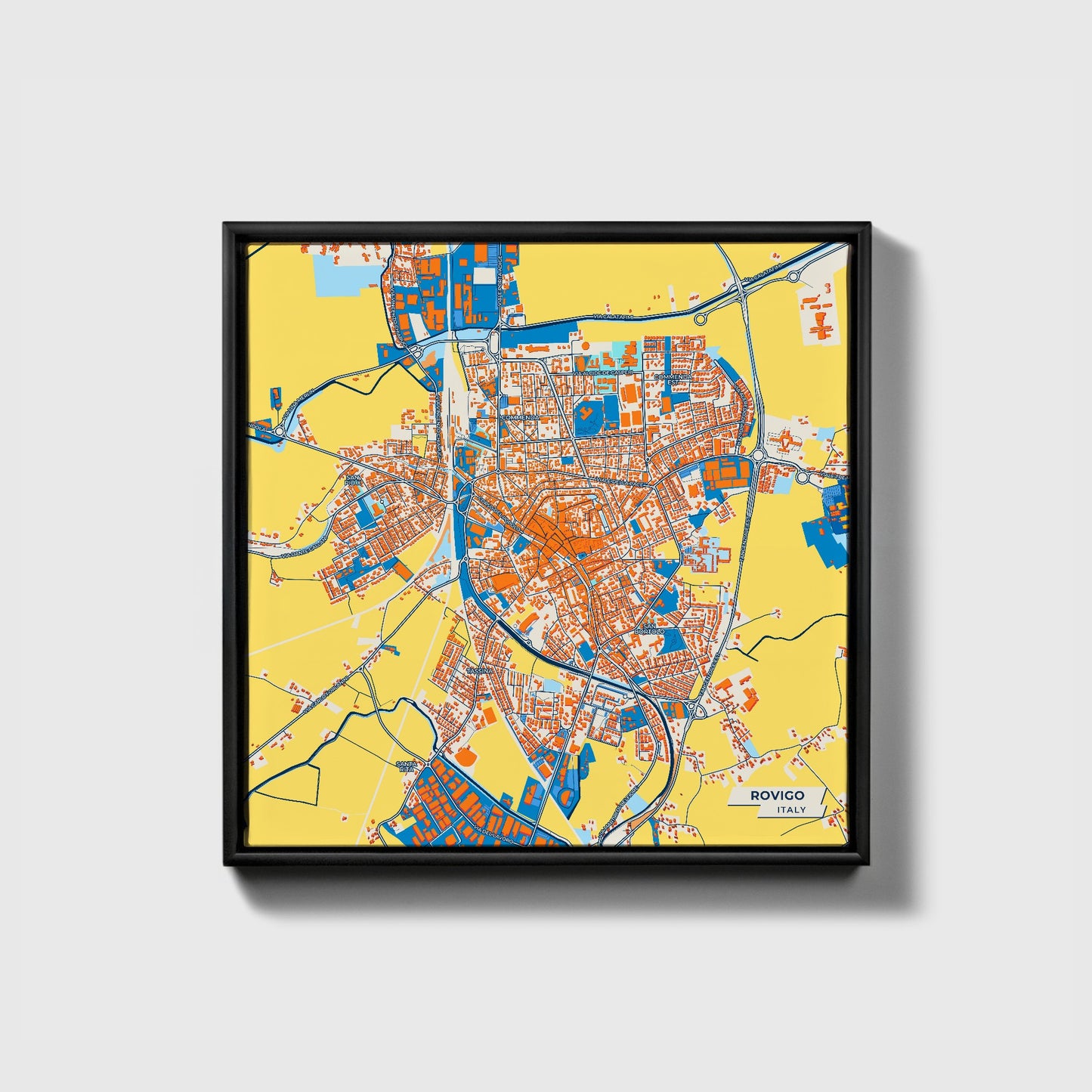 Rovigo Italy Colorful City Map Canvas Print • Black Framed