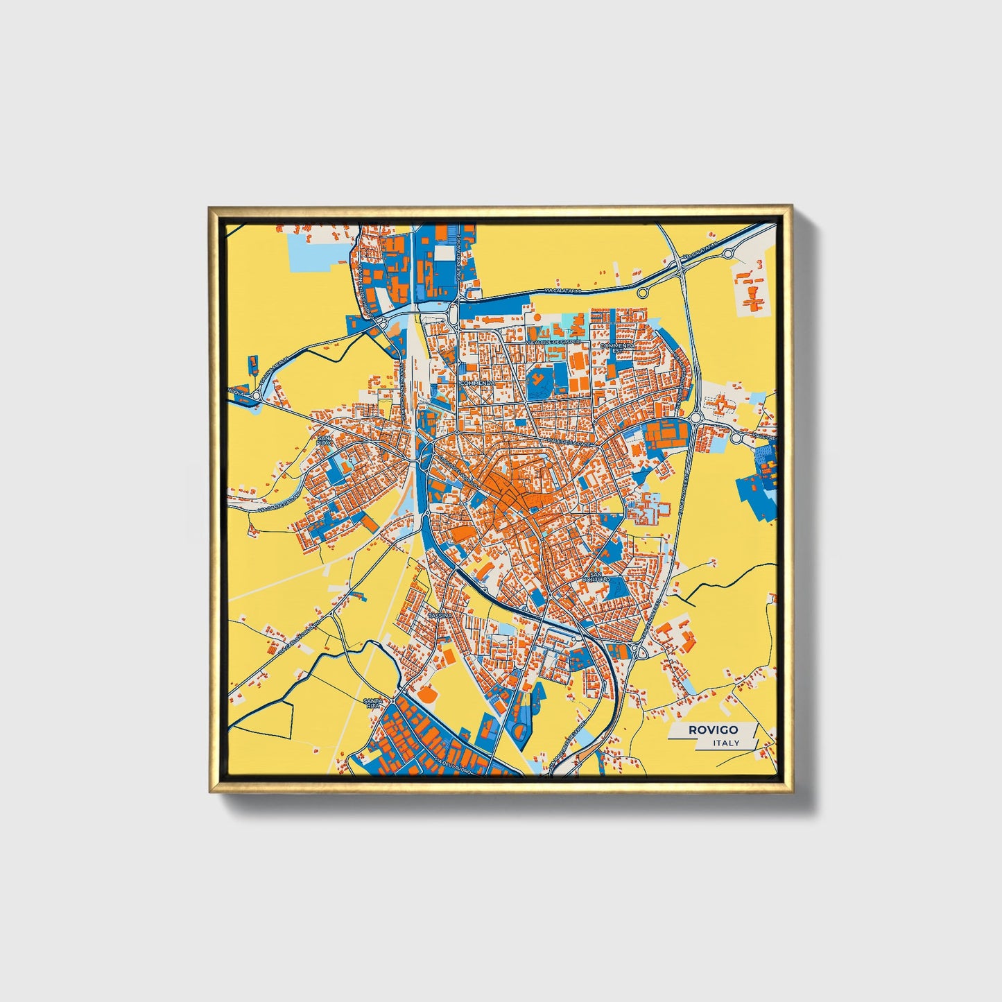 Rovigo Italy Colorful City Map Canvas Print • Gold Framed