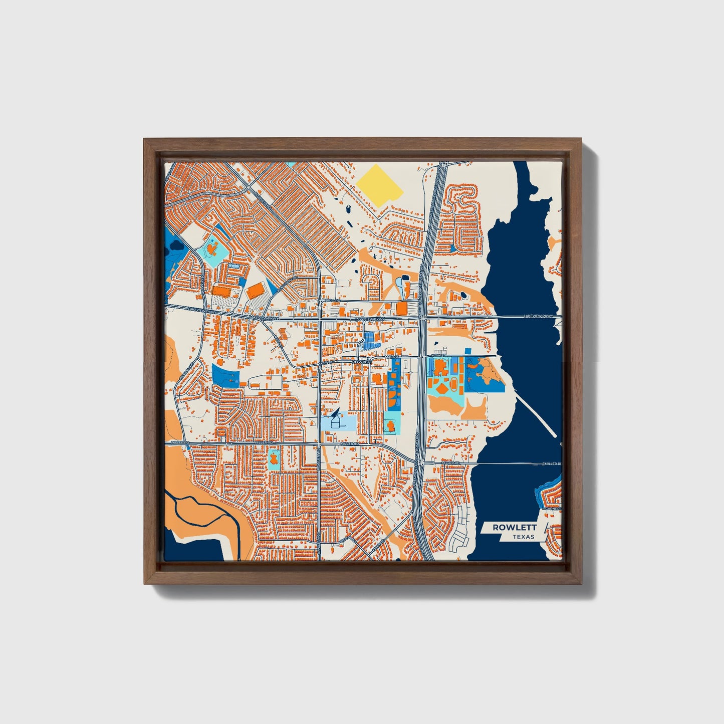 Rowlett Texas Colorful City Map Canvas Print • Dark Wooden Framed