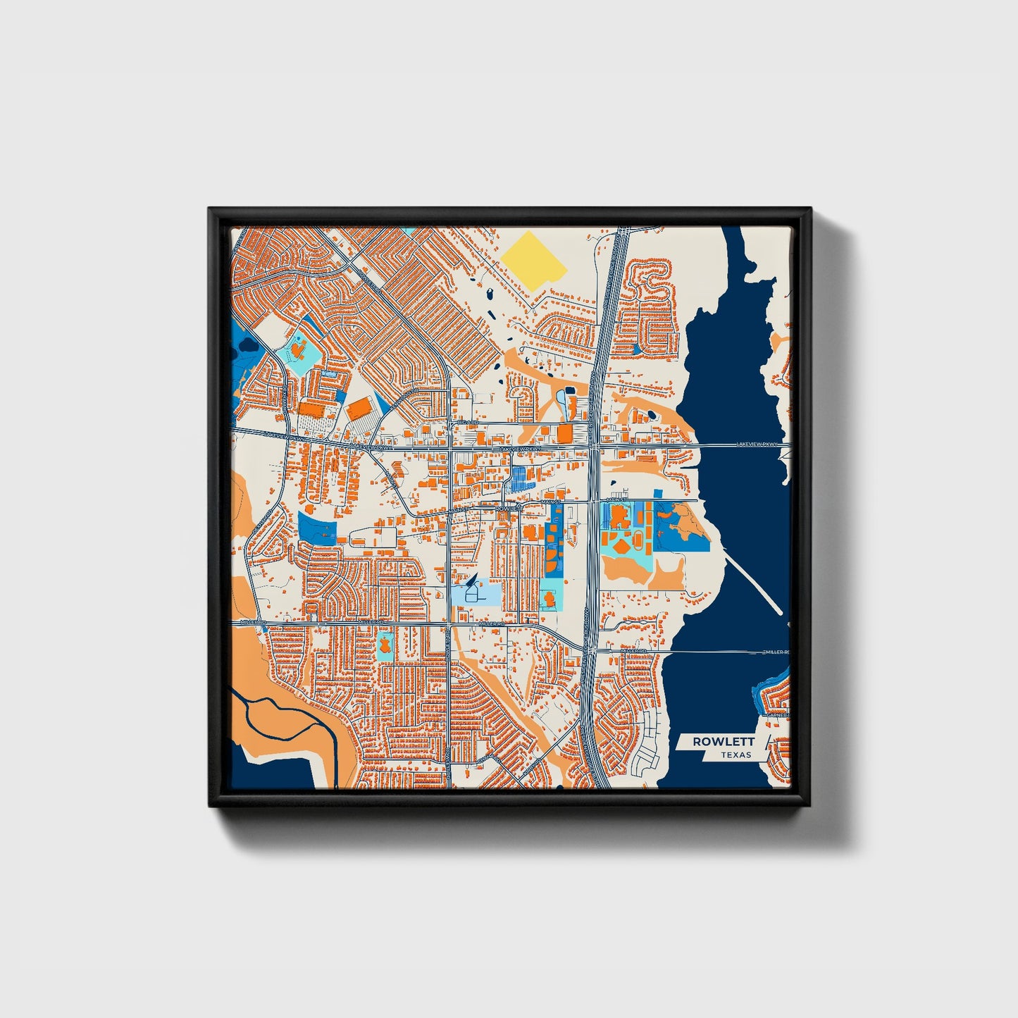 Rowlett Texas Colorful City Map Canvas Print • Black Framed