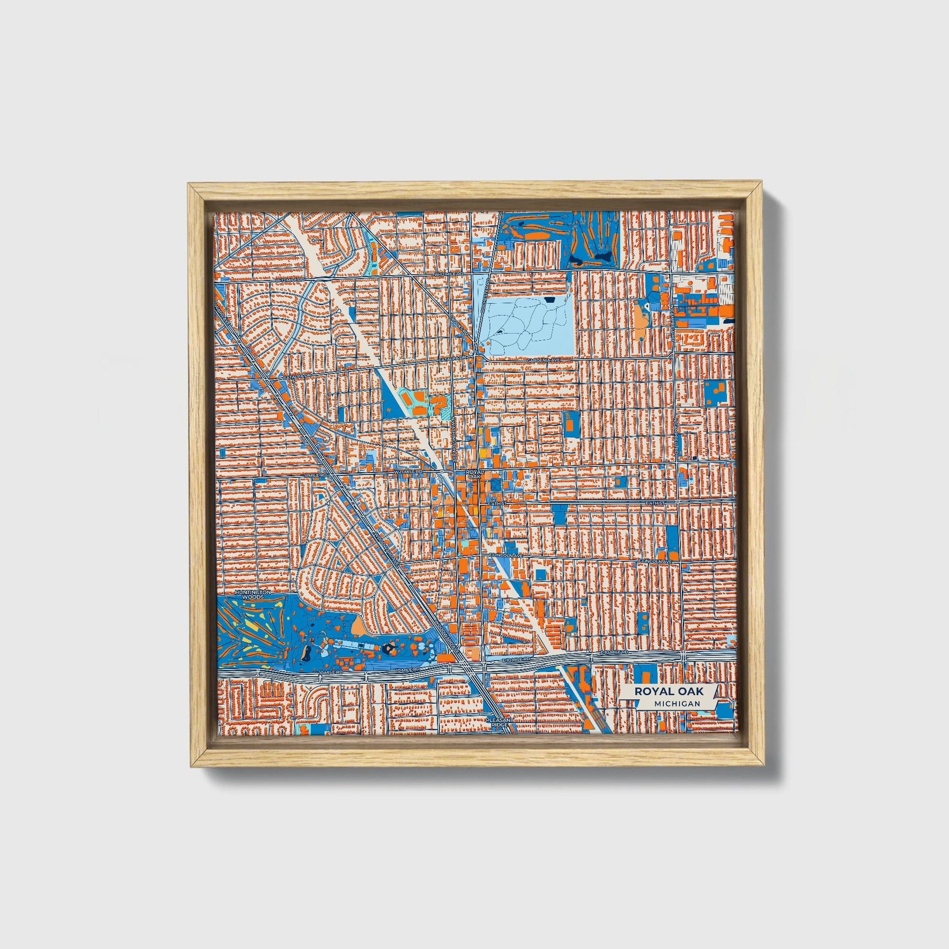 Royal Oak Michigan Colorful City Map Canvas Print • Natural Wooden Framed