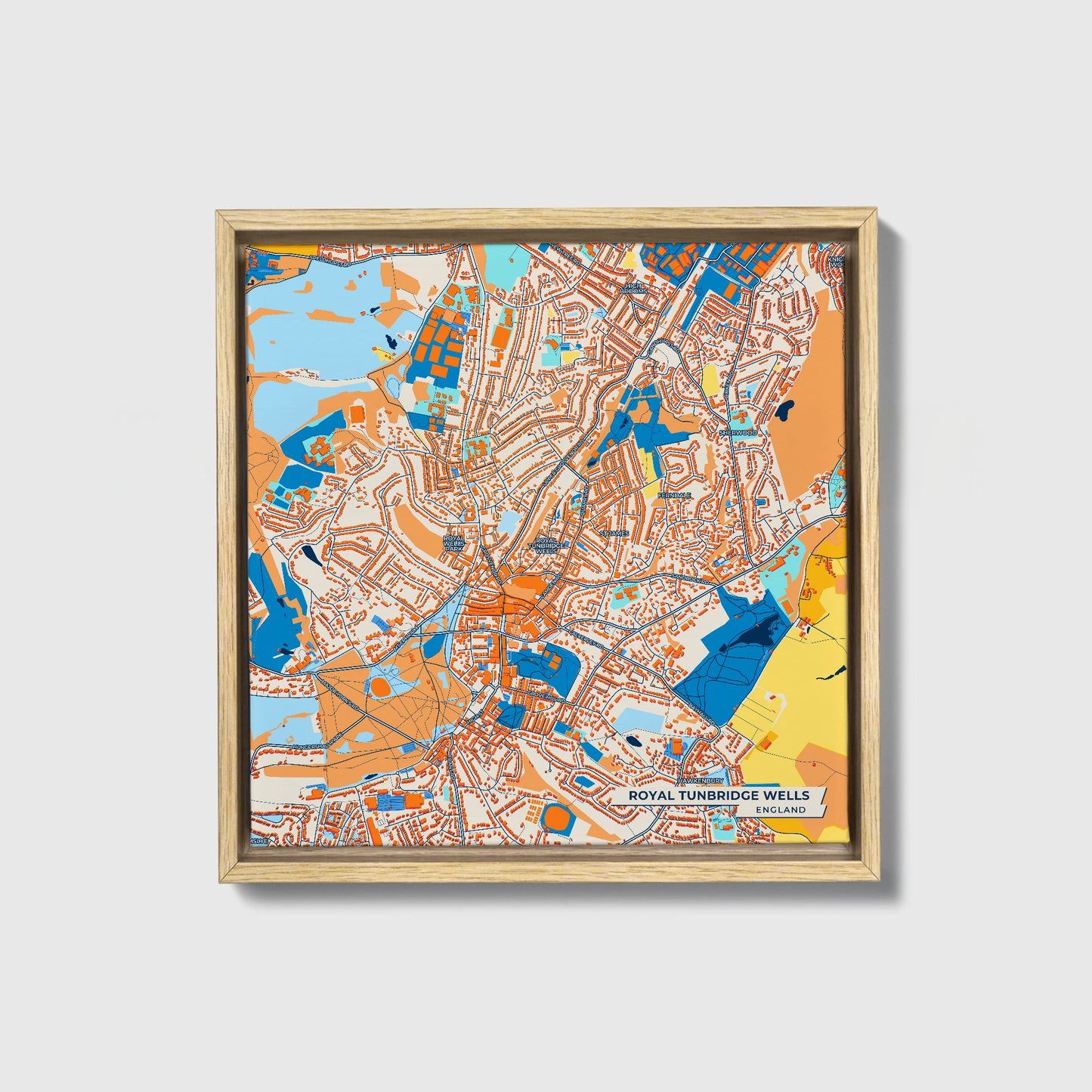 Royal Tunbridge Wells England Colorful City Map Canvas Print • Natural Wooden Framed