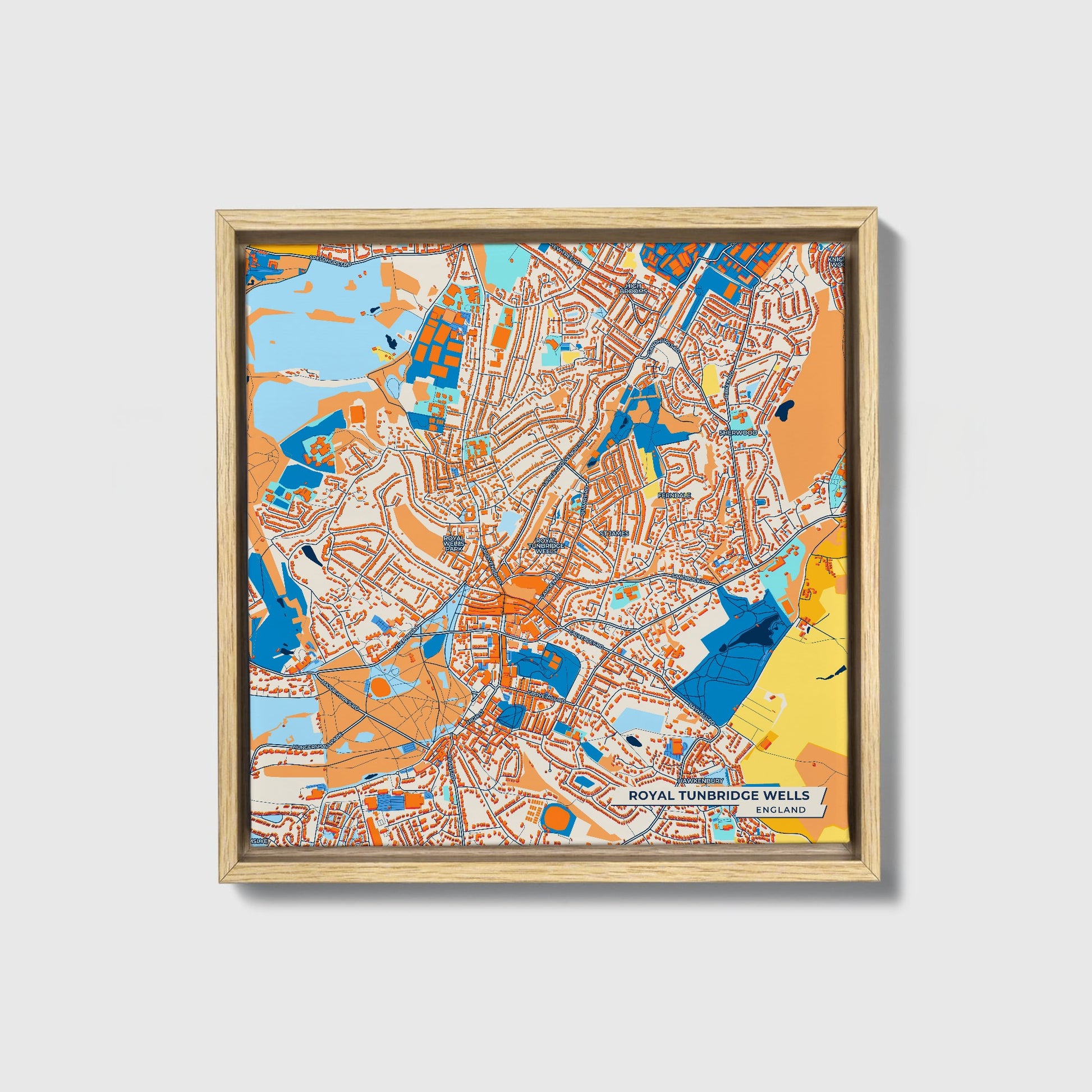 Royal Tunbridge Wells England Colorful City Map Canvas Print • Natural Wooden Framed
