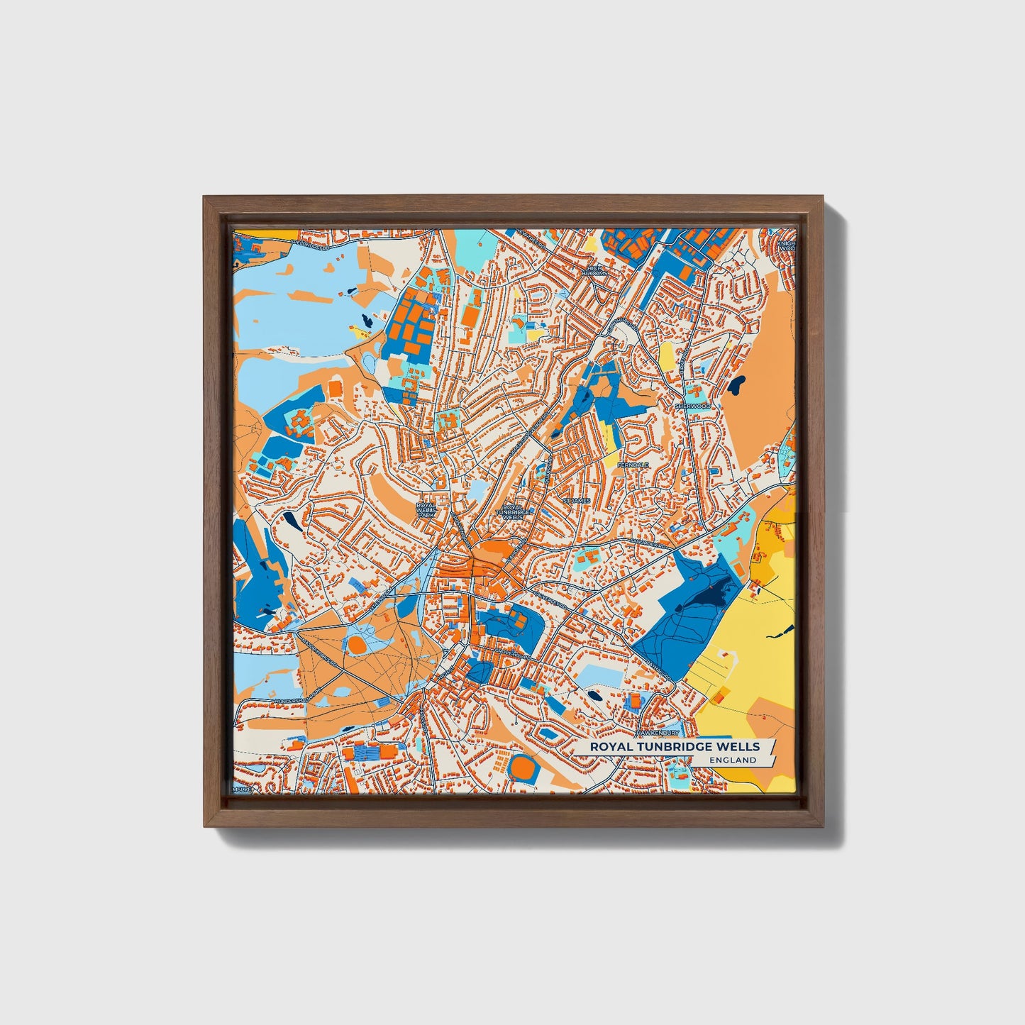 Royal Tunbridge Wells England Colorful City Map Canvas Print • Dark Wooden Framed