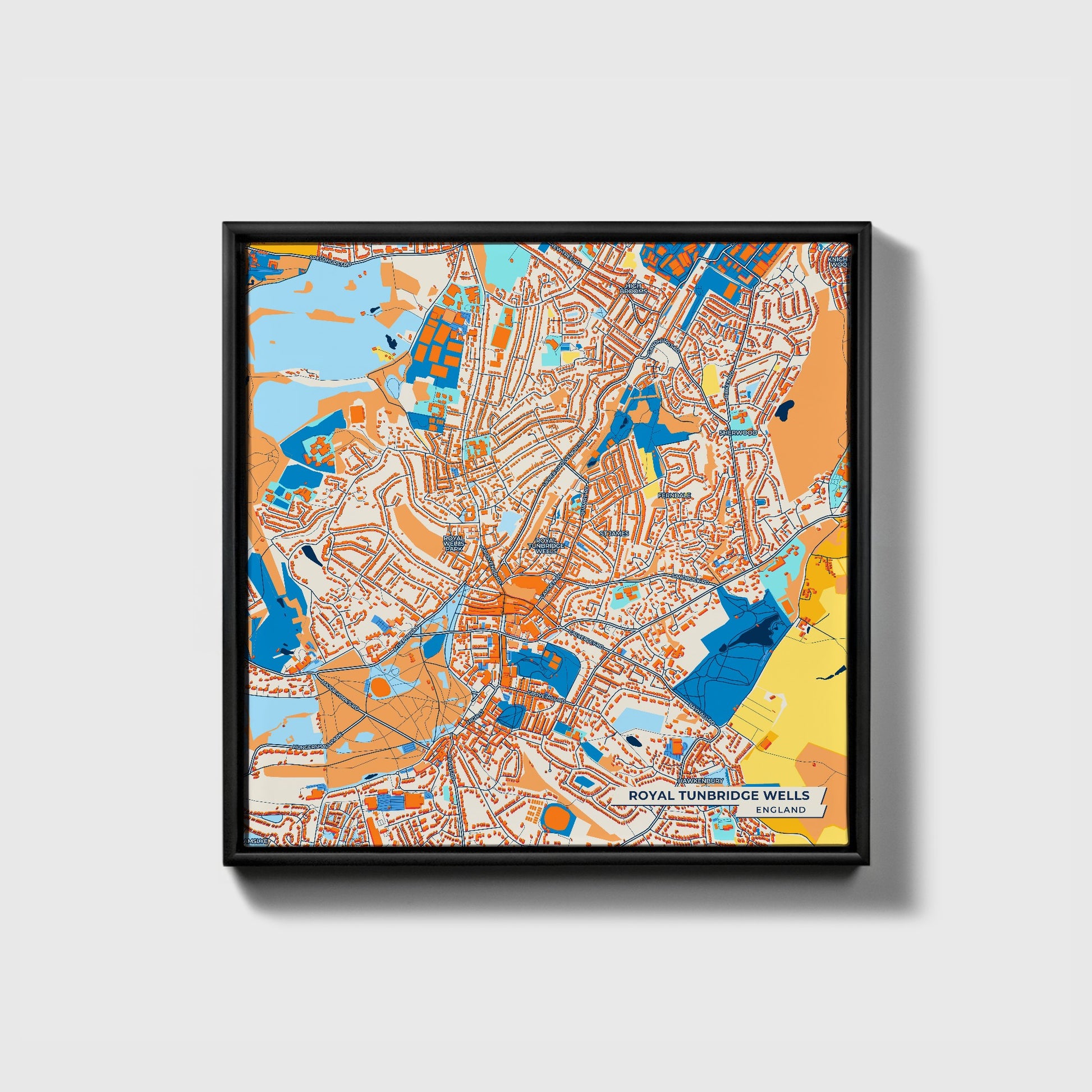 Royal Tunbridge Wells England Colorful City Map Canvas Print • Black Framed