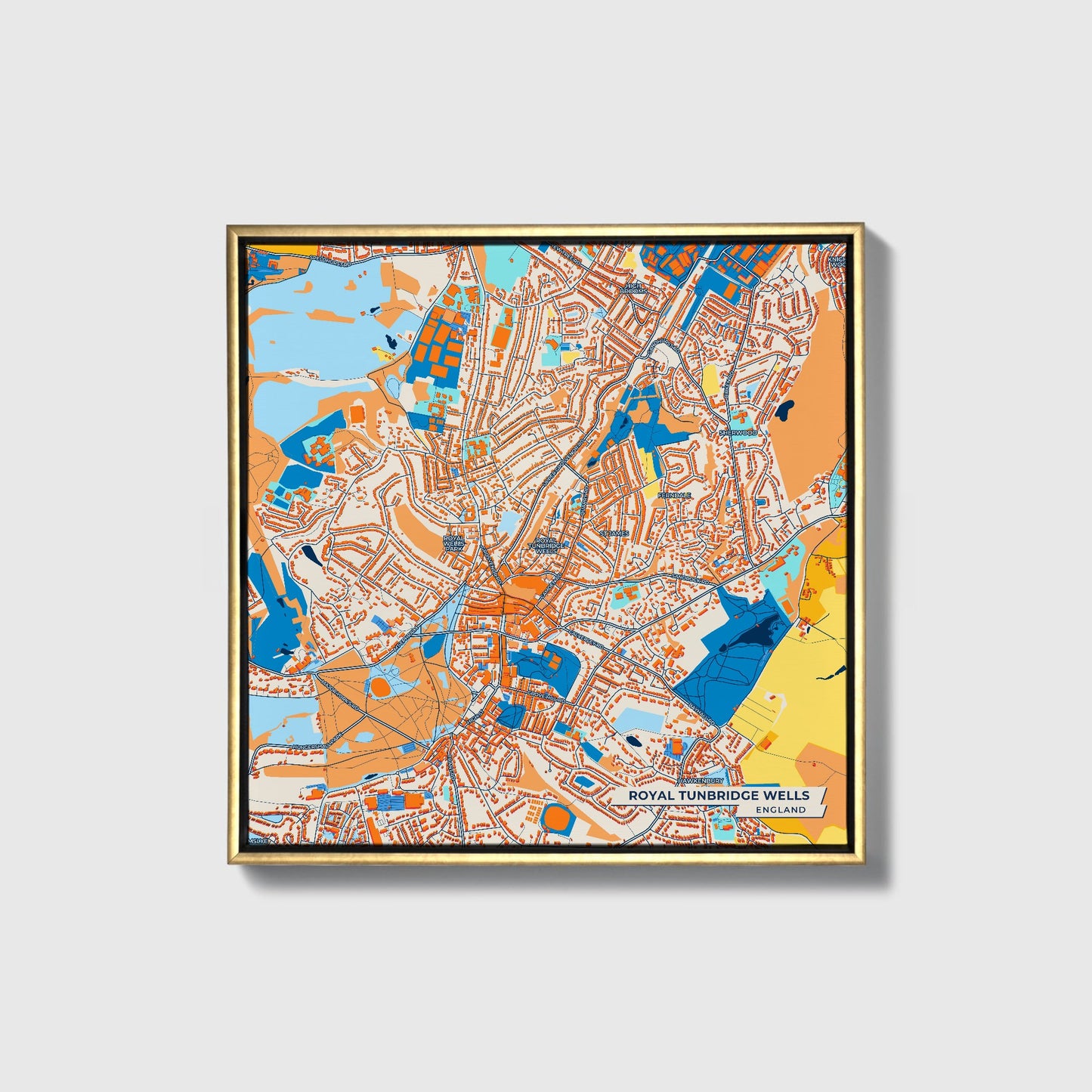 Royal Tunbridge Wells England Colorful City Map Canvas Print • Gold Framed