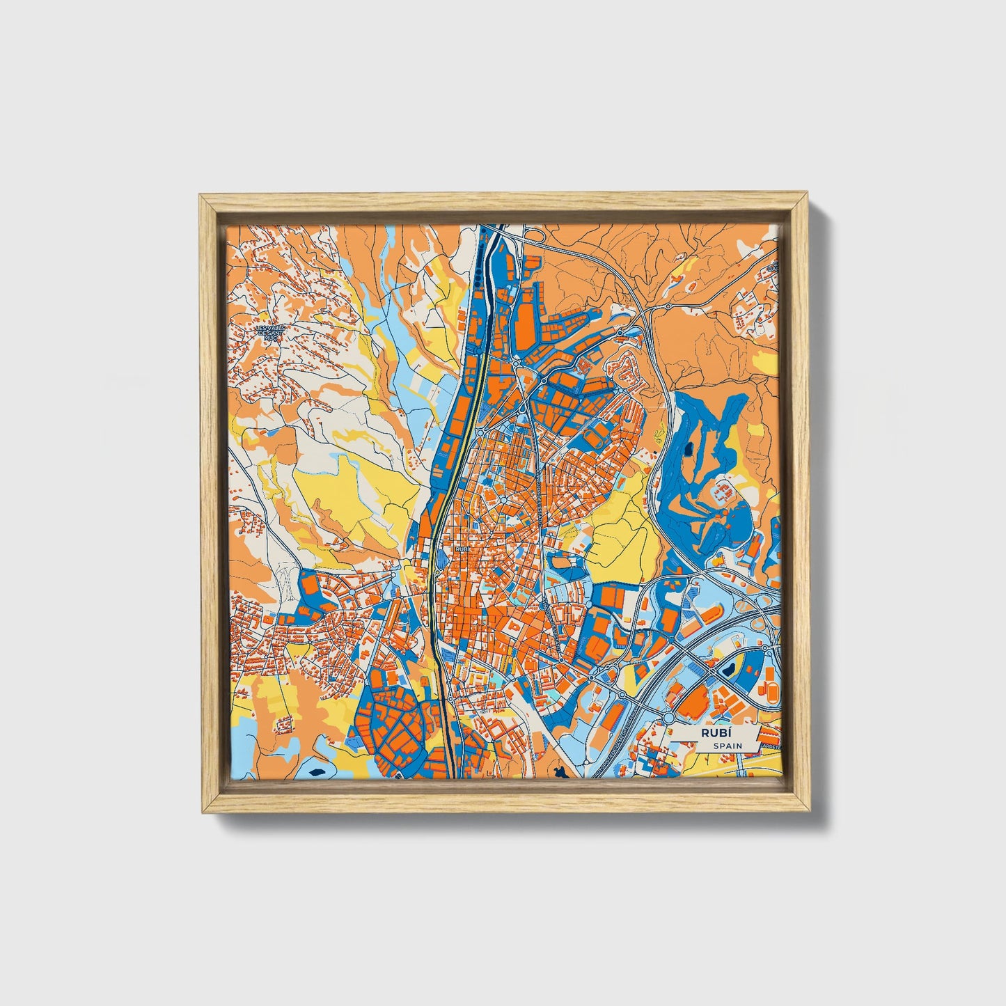 Rubí Spain Colorful City Map Canvas Print • Natural Wooden Framed