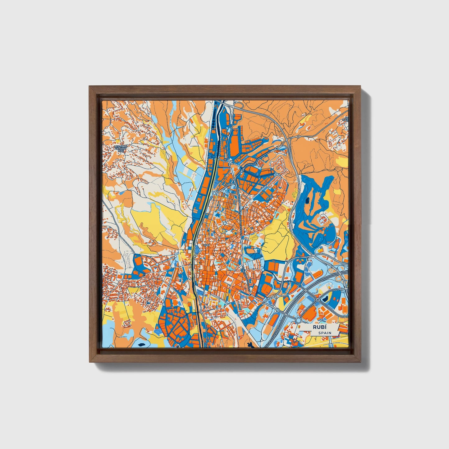 Rubí Spain Colorful City Map Canvas Print • Dark Wooden Framed