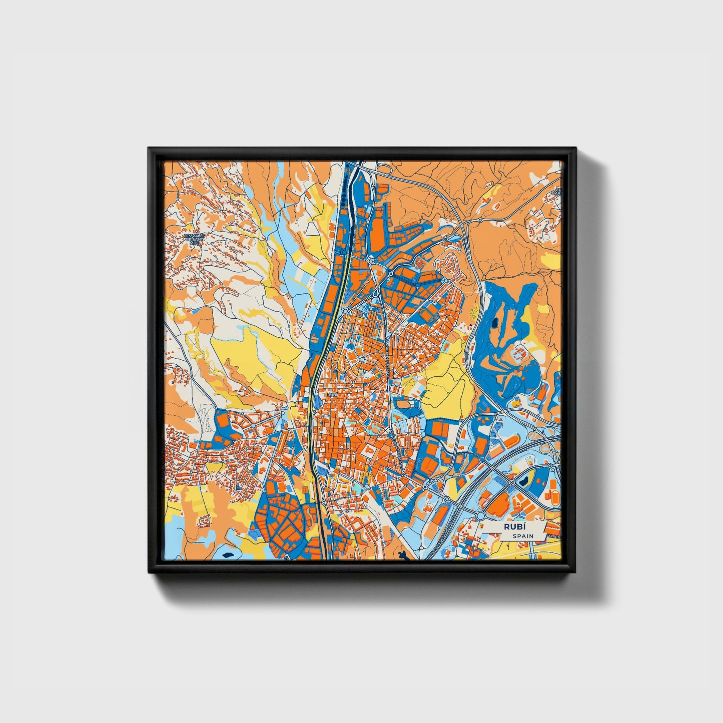 Rubí Spain Colorful City Map Canvas Print • Black Framed