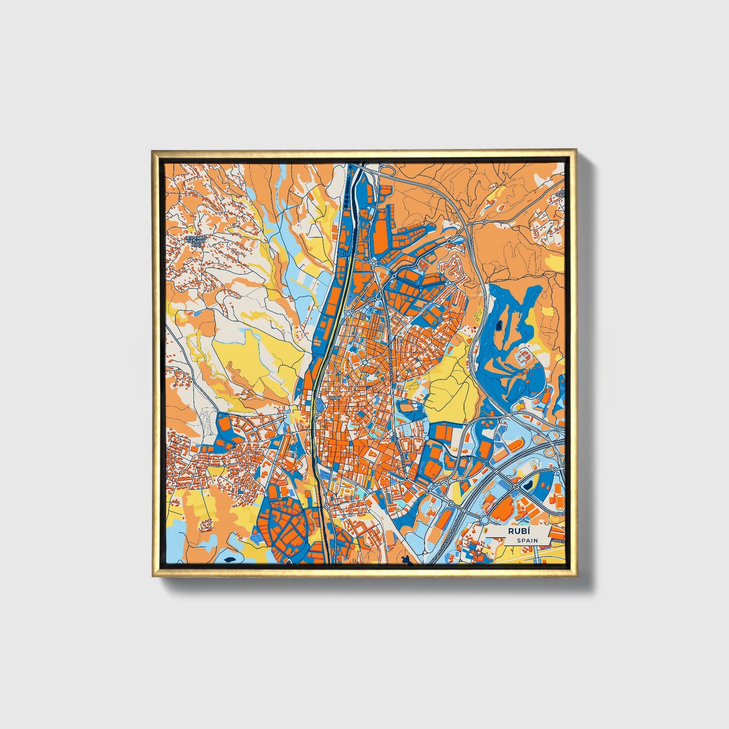 Rubí Spain Colorful City Map Canvas Print • Gold Framed