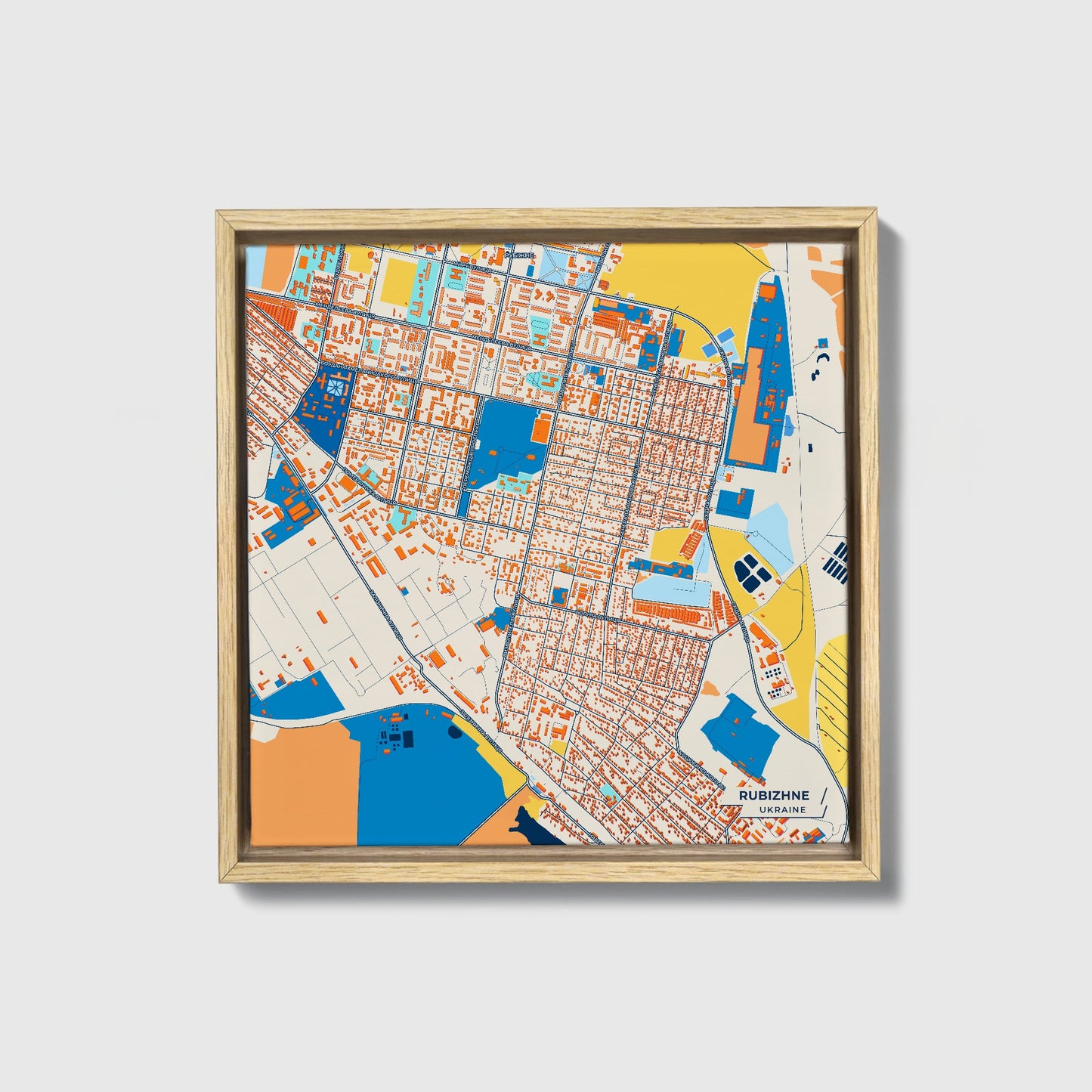 Рубіжне Ukraine Colorful City Map Canvas Print • Natural Wooden Framed