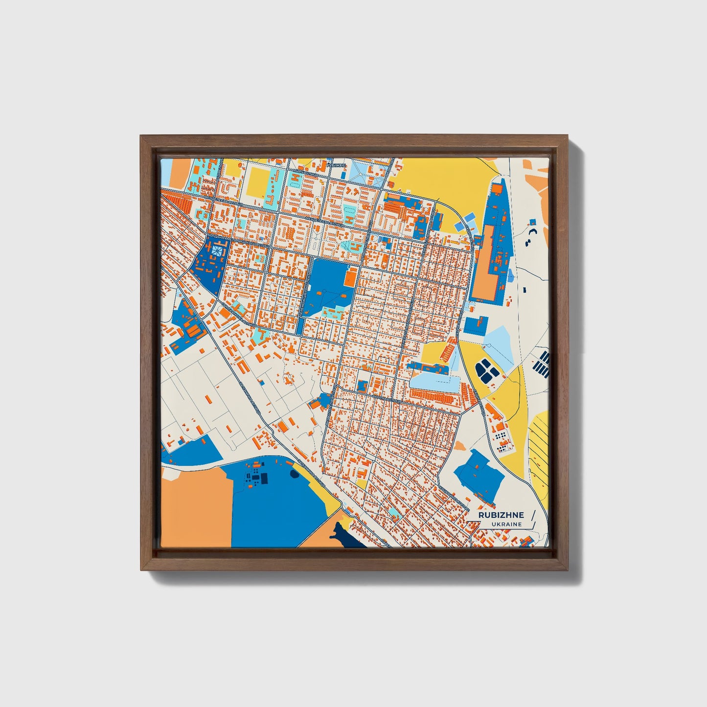 Рубіжне Ukraine Colorful City Map Canvas Print • Dark Wooden Framed
