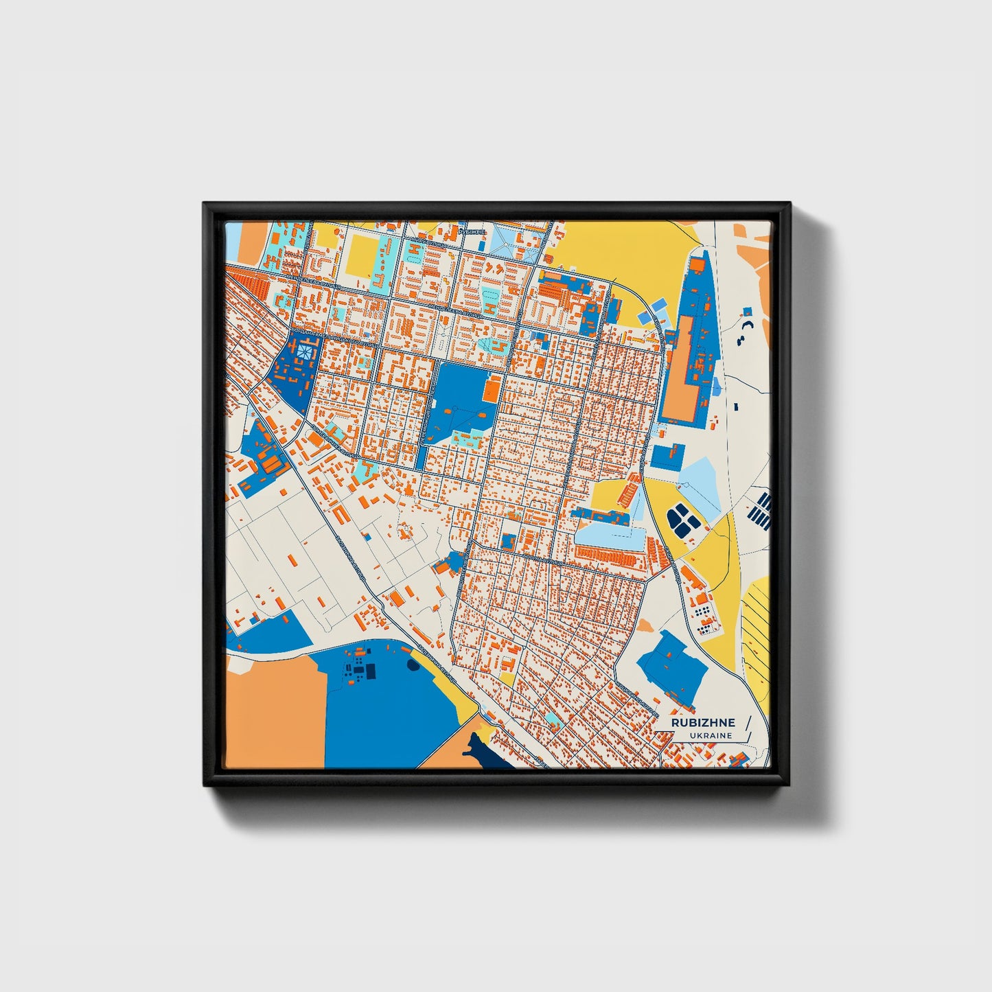 Рубіжне Ukraine Colorful City Map Canvas Print • Black Framed
