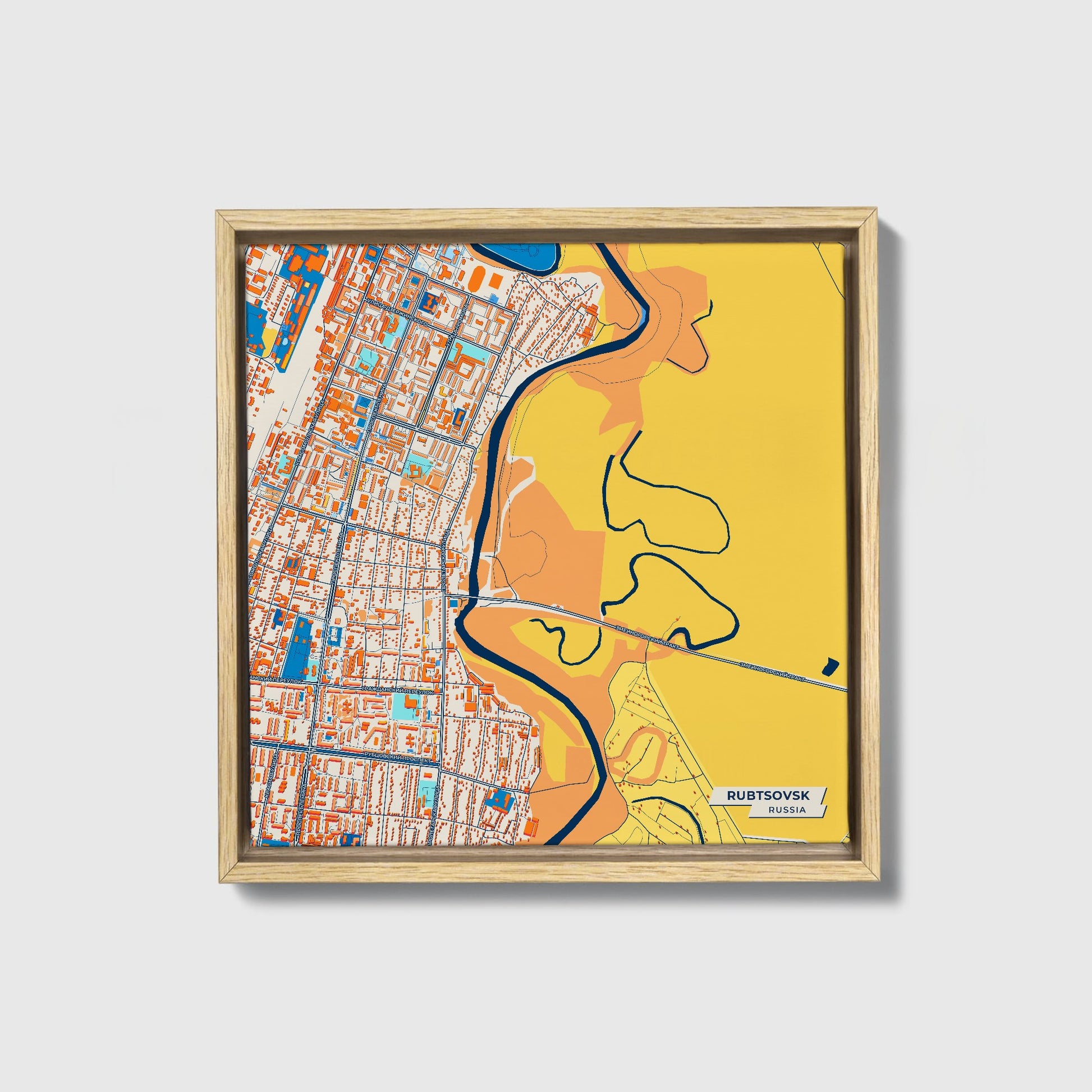 Рубцовский Russia Colorful City Map Canvas Print • Natural Wooden Framed