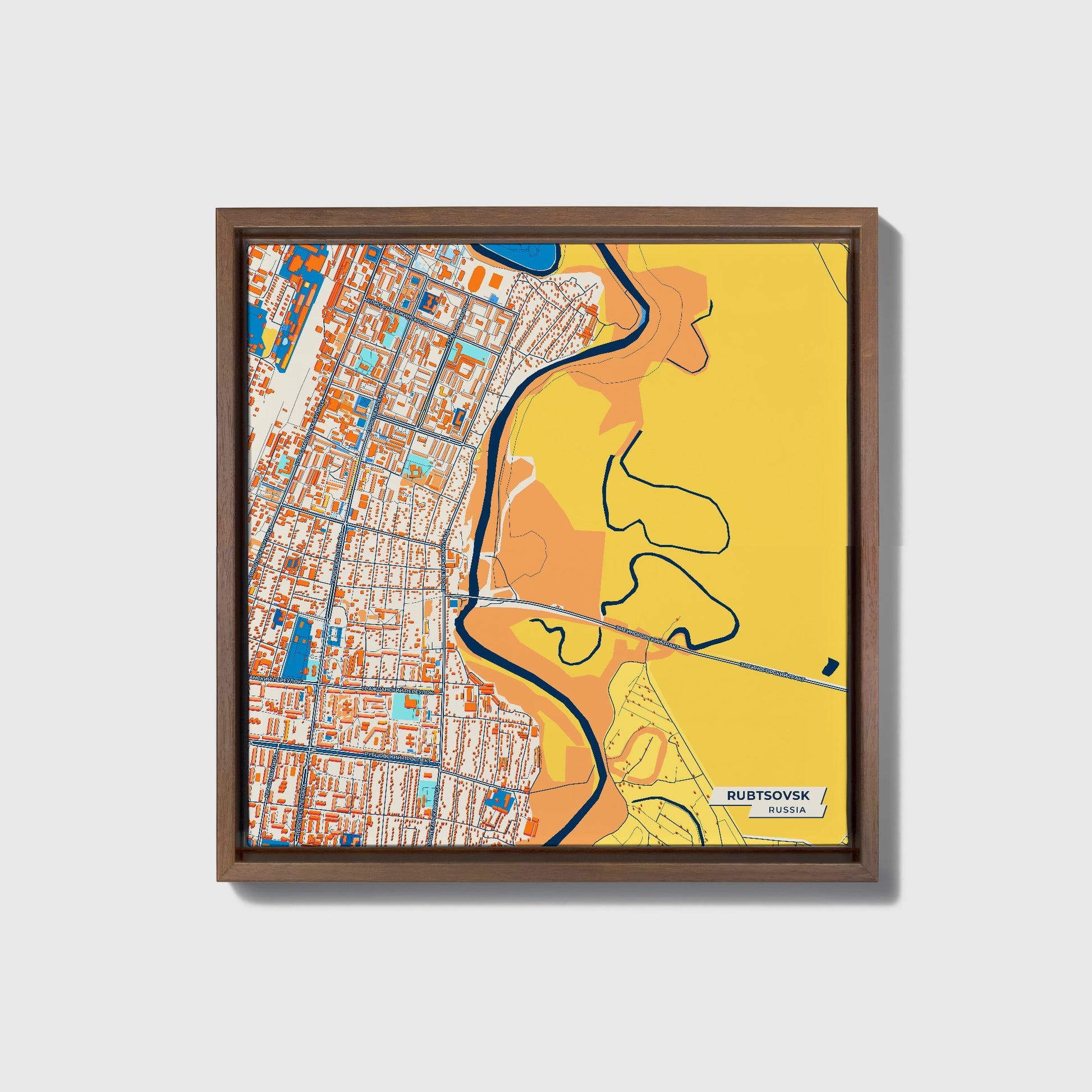 Рубцовский Russia Colorful City Map Canvas Print • Dark Wooden Framed
