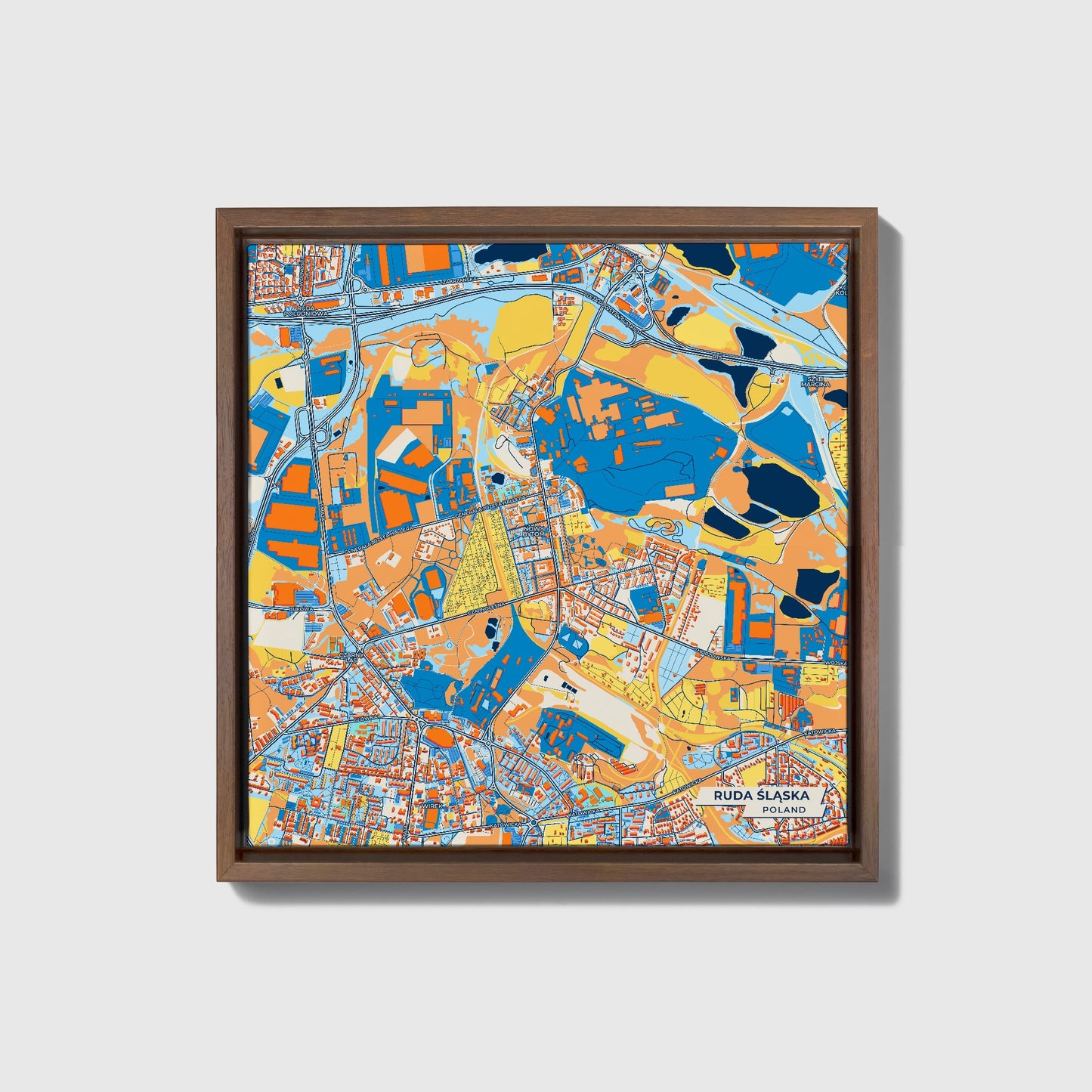 Ruda Śląska Poland Colorful City Map Canvas Print • Dark Wooden Framed