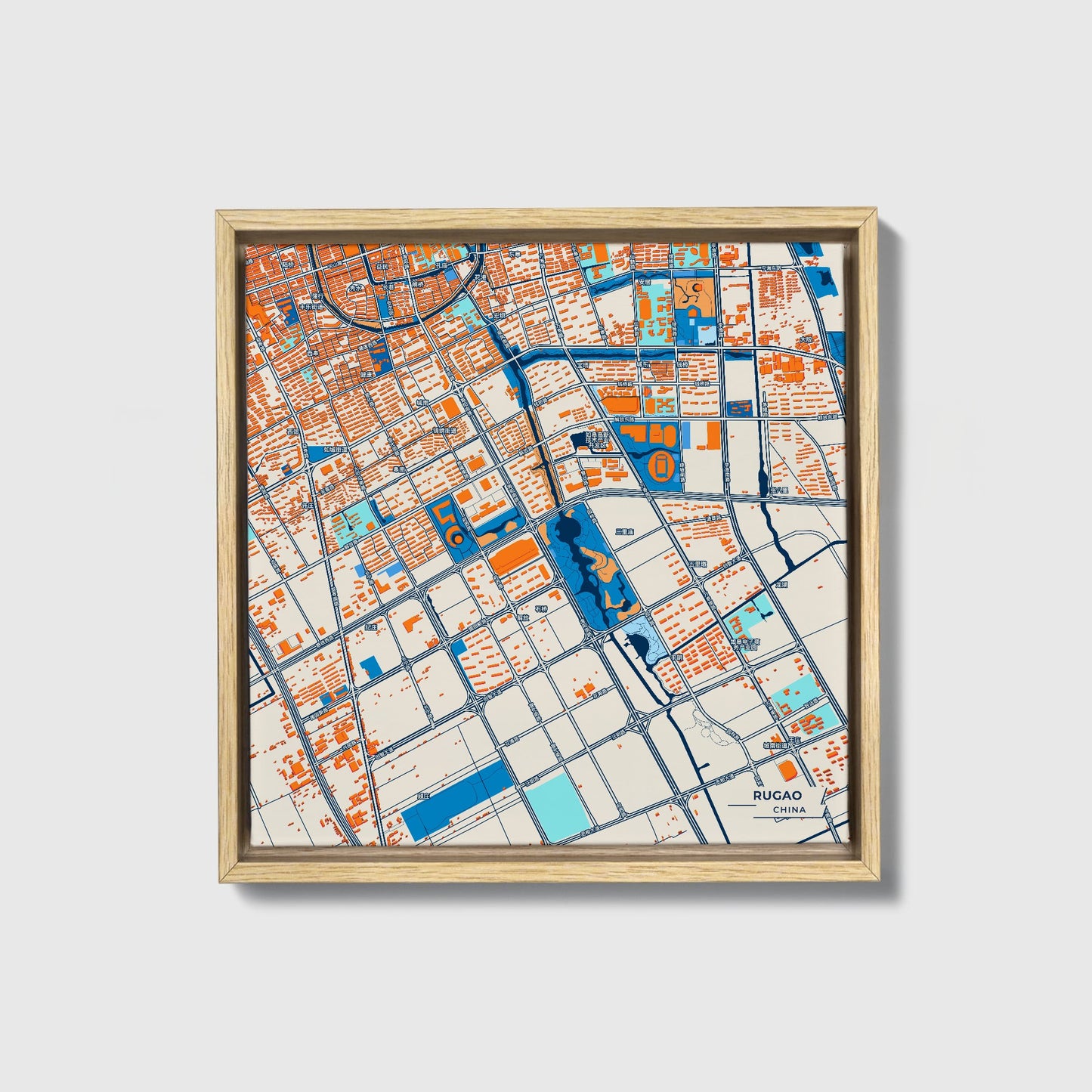 Rugao China Colorful City Map Canvas Print • Natural Wooden Framed