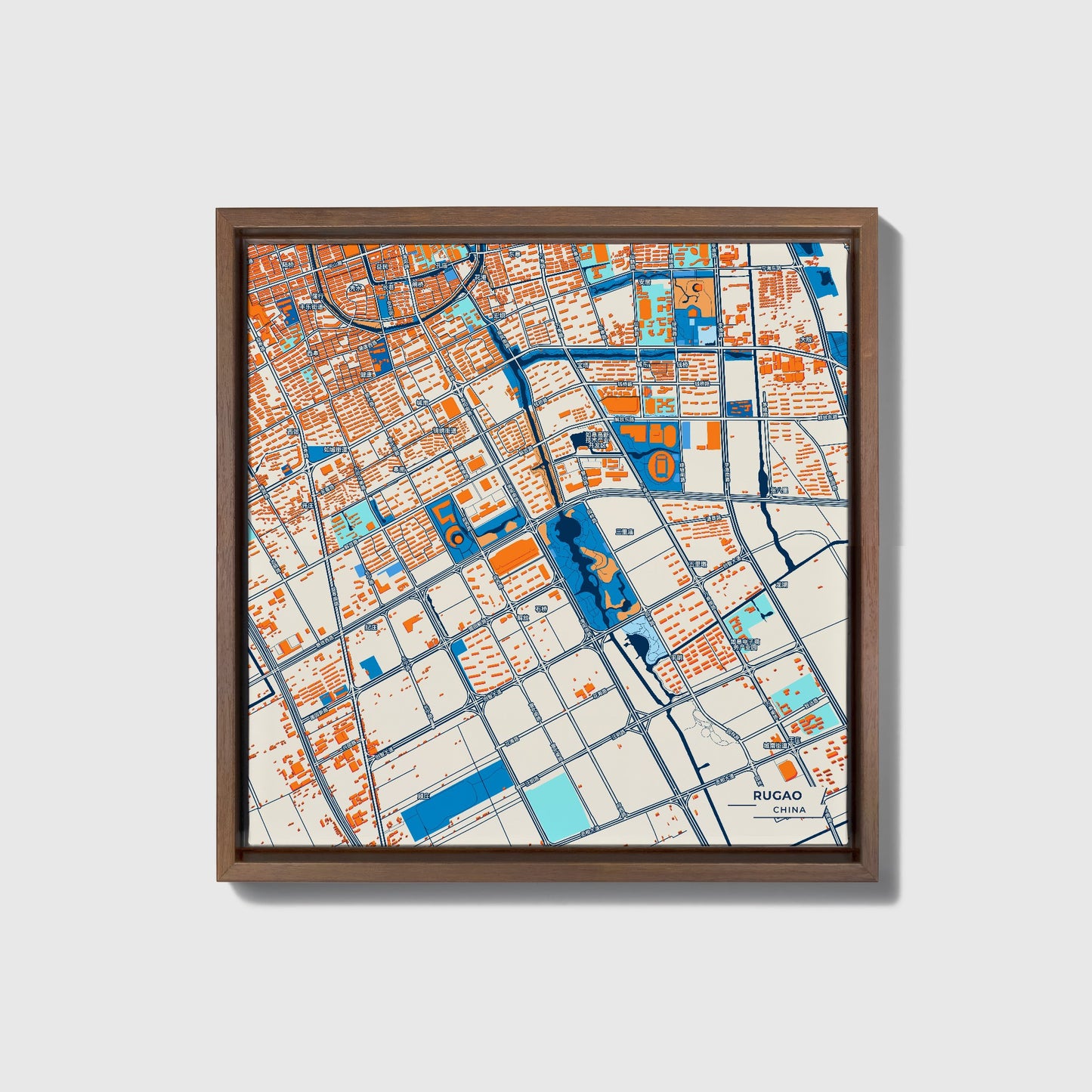 Rugao China Colorful City Map Canvas Print • Dark Wooden Framed