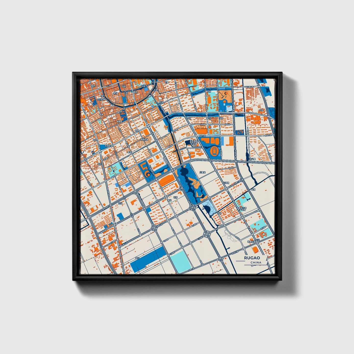 Rugao China Colorful City Map Canvas Print • Black Framed