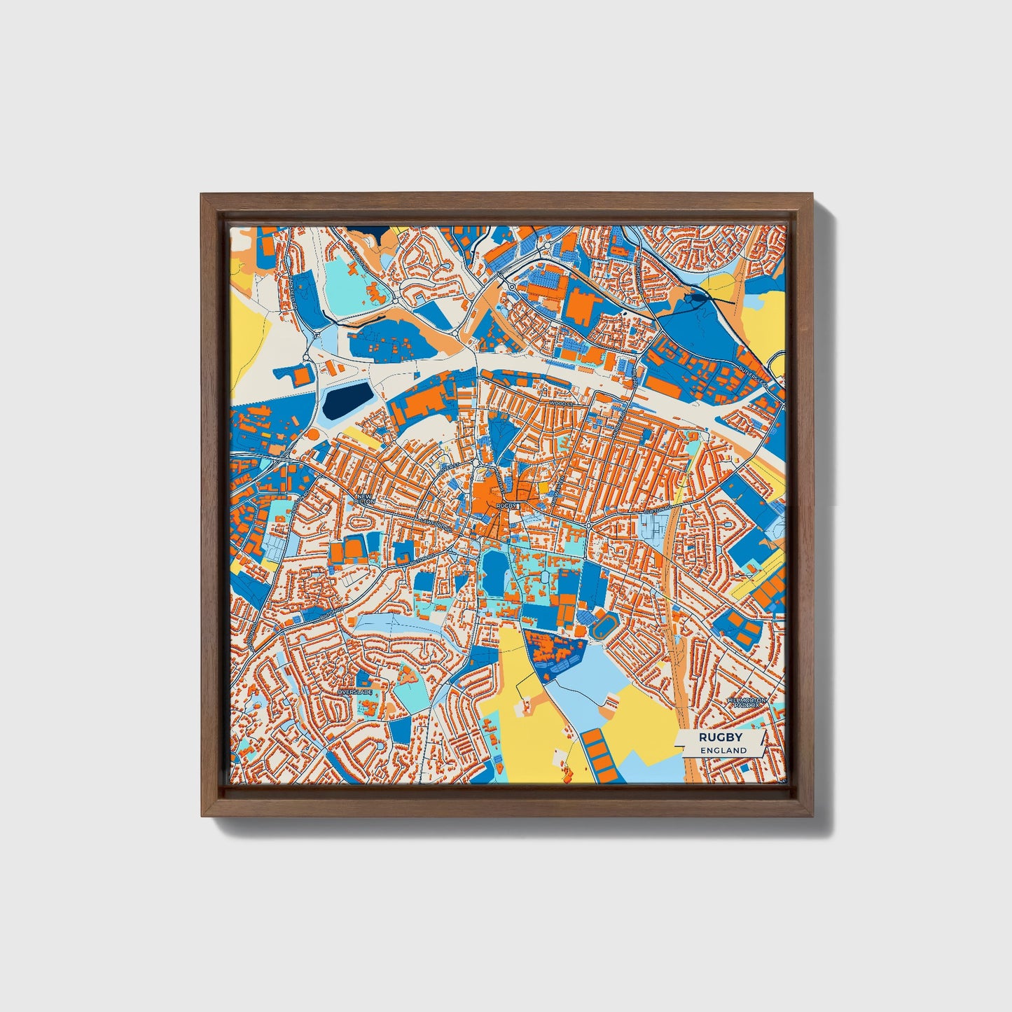 Rugby England Colorful City Map Canvas Print • Dark Wooden Framed