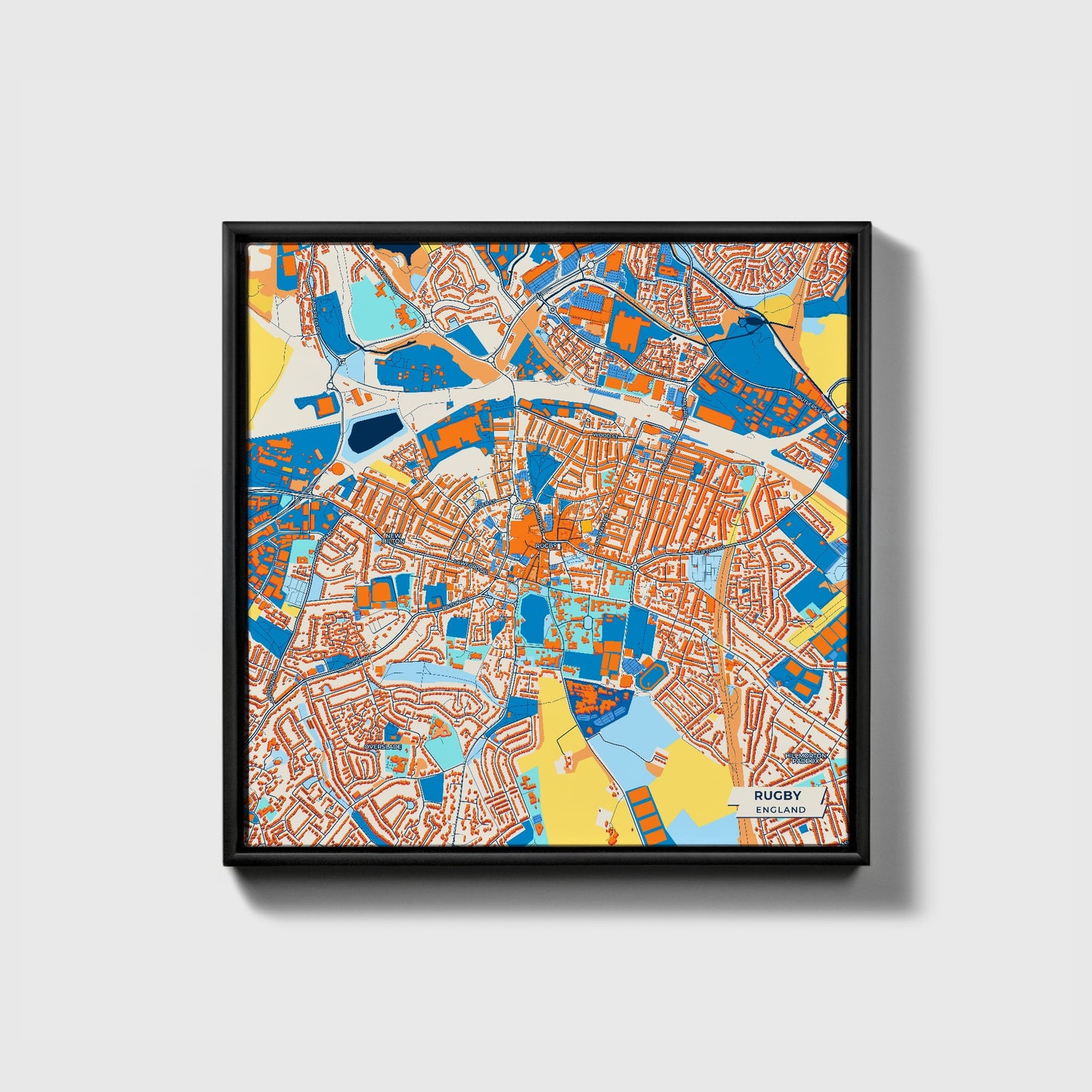 Rugby England Colorful City Map Canvas Print • Black Framed