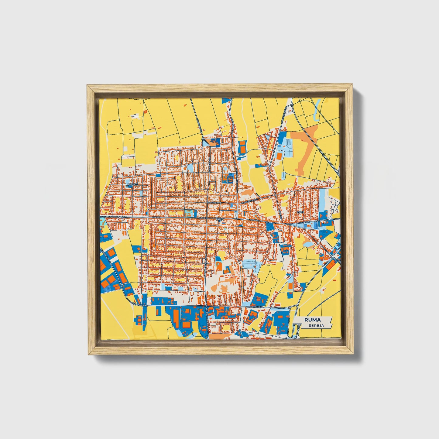 Рума Serbia Colorful City Map Canvas Print • Natural Wooden Framed